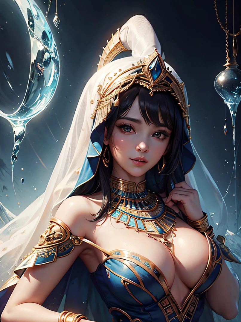 ((masterpiece、top-quality、realisitic、ultra-detailliert、hight resolution、Photorealsitic))、High contrast、High color saturation、High brightness、face lights、Beautuful Women、bustshot、Focus from the chest up、Beautiful woman at 30 years old、Loose hair、Silky brown skin (Oil lighting)、Perfect detailed face、Detailed perfect eye、fleshy lips、Egyptian Hijab、Perfect body、Gemstone Bangles (Realistic Photos)、Blue and White Egyptian Dress、Black Fabric、((Blurry background))、 ((hyper realisitic、Realistic and intricate details))、A smile、Sensory characteristics、(Highly detailed textures and environments、Pure perfect lighting)、Look at viewers、Detailed hand depiction、at noon、Bright atmosphere、Egyptian deserts and pyramids