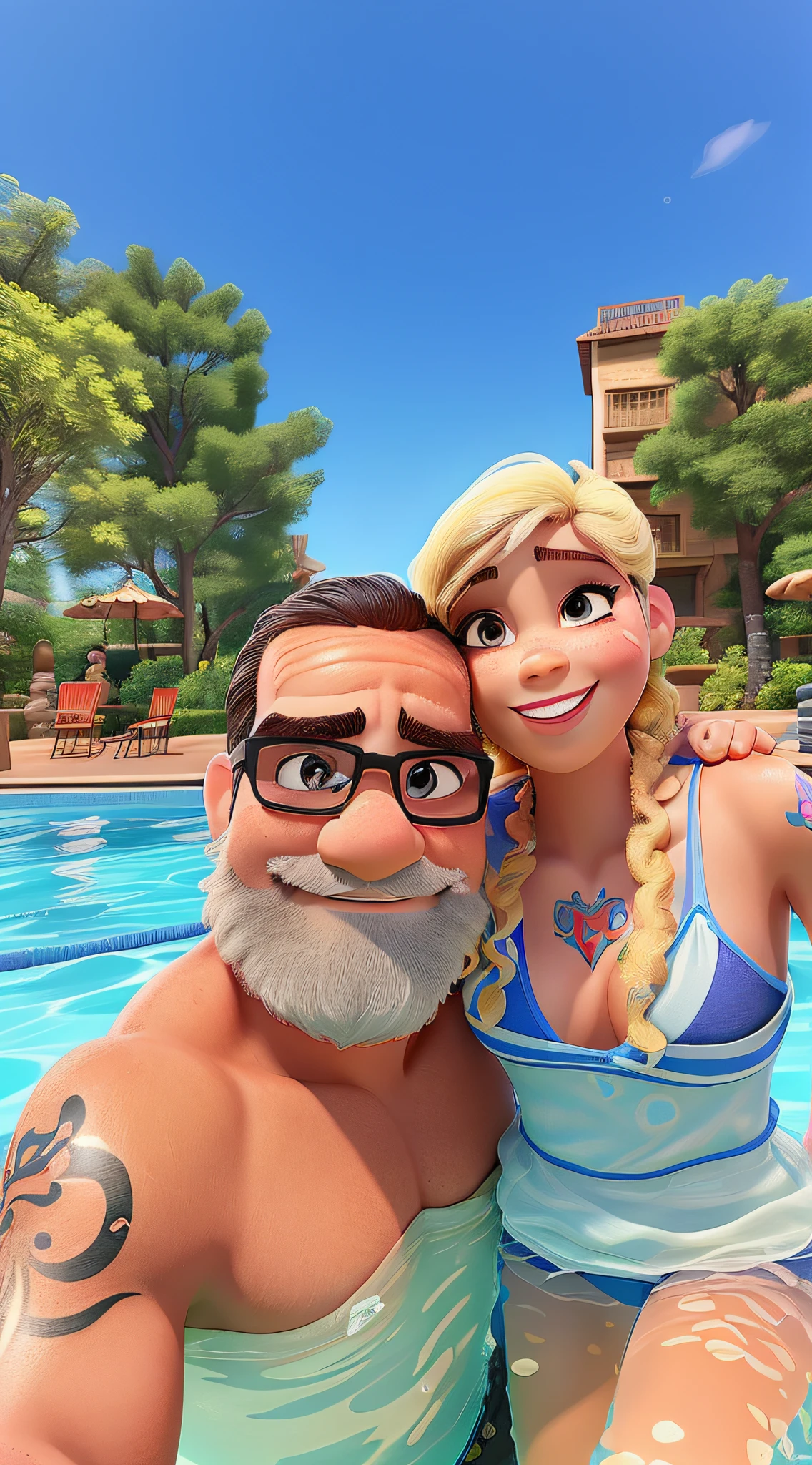 Overwatch, One old man Reinhardt and one young D.va, age gap, age difference, giant tall size, old man 70, long beard white, swimsuit, face smile, hairy body, naked, big long penis erect, cumming, he carries his girlfriend strongly with both hands, kissing mouths loves, ass fuck positions, sexy young girl 18, size tiny and skinny, face embarrassing blushed, in comfort sitting position for sex, one old man, one young girl, naked, nsfw, on swimming pool.