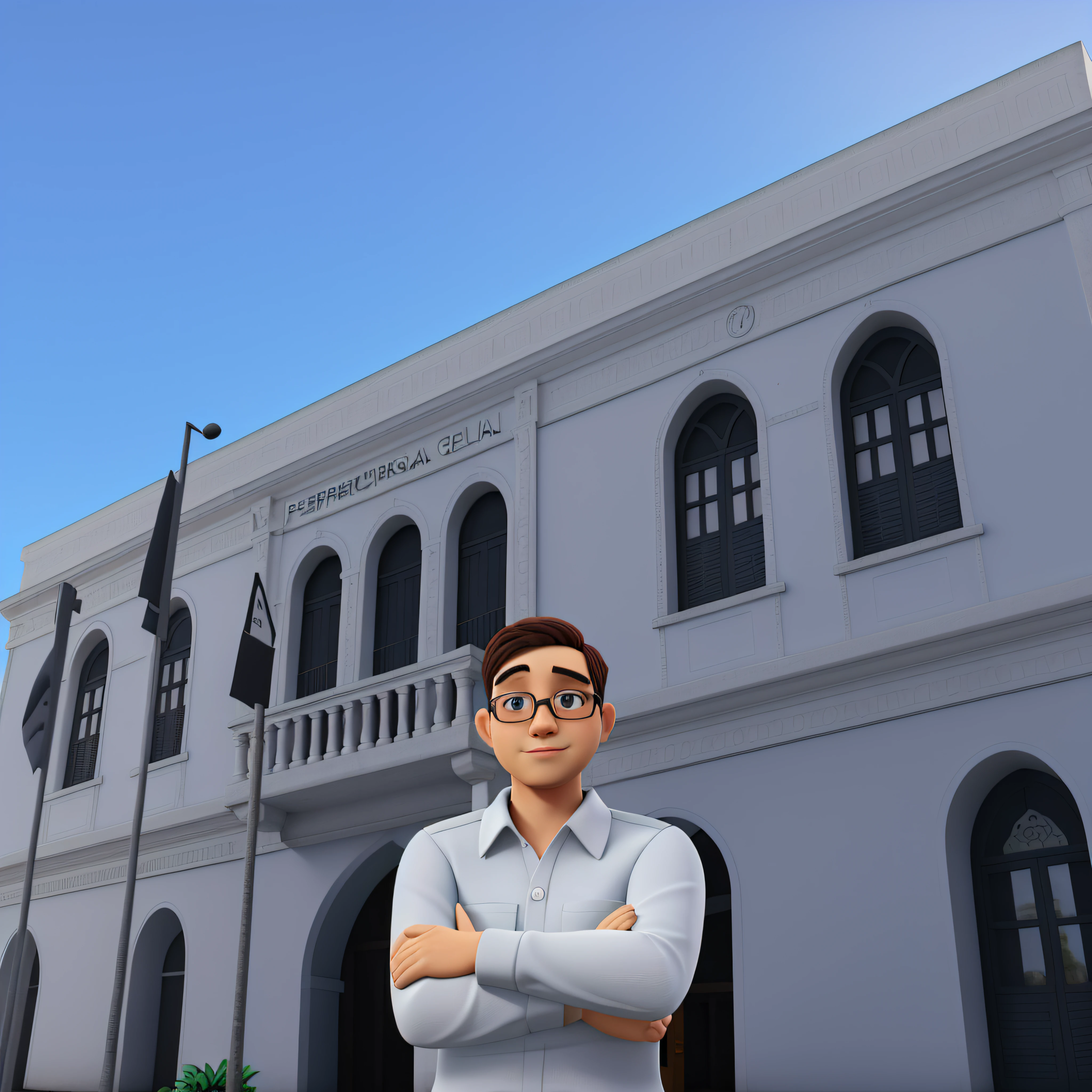 prefeito em frente a prefeitura, pessoa 3d, desfoque de profundidade