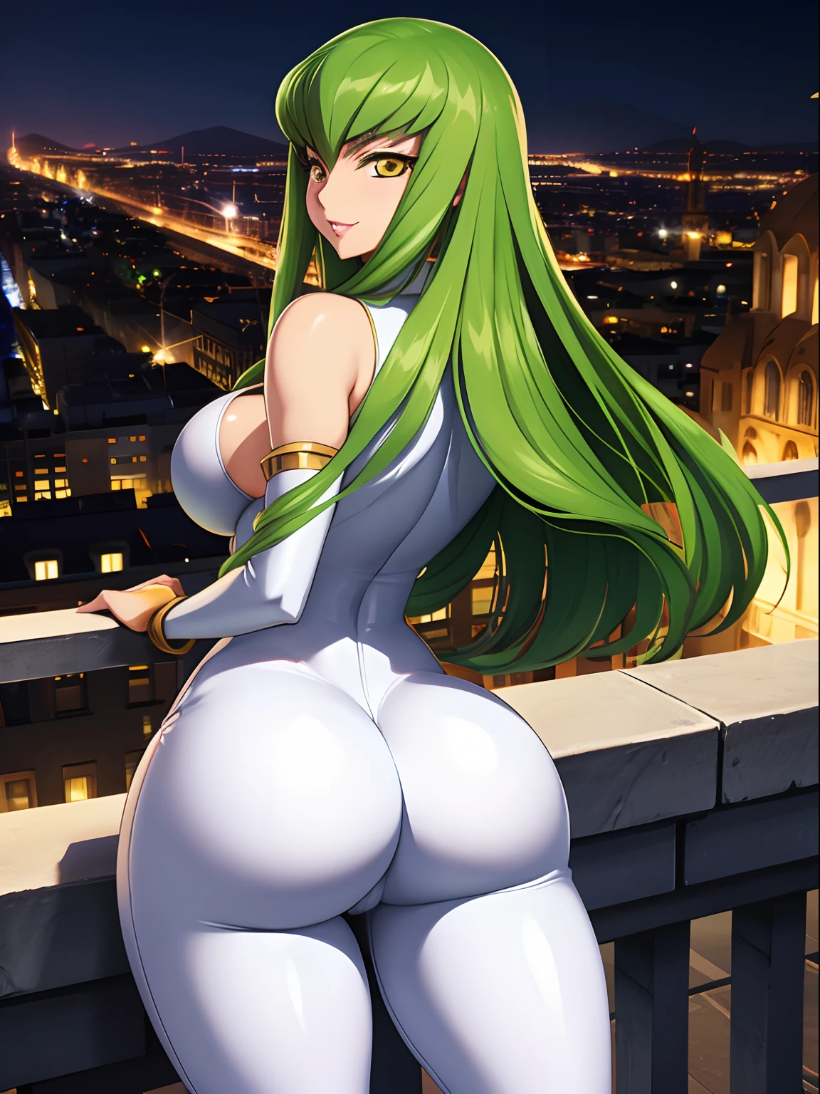 Code Geass, C.C, 1girl, (((bimbo))), Long green hair, yellow eyes, puffy lips, painted lips, thick lips, wide hips, thick thighs, small breast, huge ass, revealing cleavage, erotic, Smile face, bubble butt, camel toe, Breasts, white suit, picture from above, looking back, ass posing, city, night time,