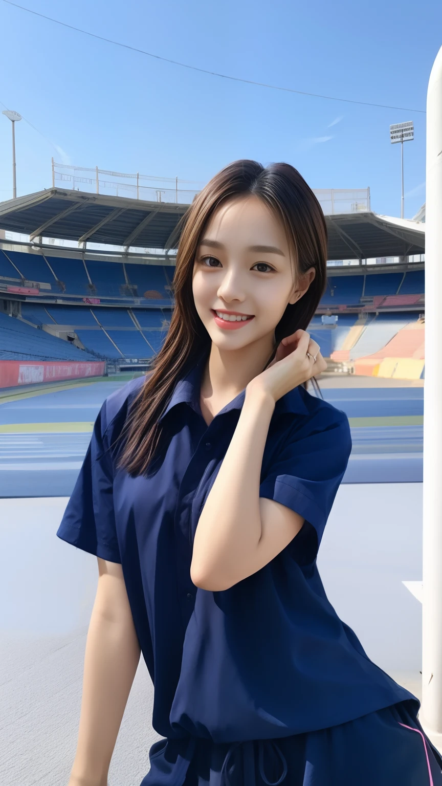 (bestquality,10,10,highres,masterpiece:1.2),ultra-detail,(Realistic,photorealistic portrait,photo-realistic:1.37),1 Cute girl in the football field,oily shiny skin,bara,light smile,BDclothes,((blue shirt:1.3)),short sleeves,shirt, trousers.,(navy_long_Pants Track:1.1), ((Stadium Background:1.3)),dynamic angle,excited,face focus,Dynamic Poses,from behide,Ass Focus,masterpiece, bestquality, ultra realistic, hyper-detail, 8k resolution, RAW photo, crisp focus, ((Navy blue shirt:1.1)), short sleeves, Long Path, Perfect body, 2 mature women, 18yo, cinematic light,Blue sweatpants,Gymware,Correct anatomy,Complete body, Correct body, sharp face, Anatomically correct body, full entire body, Realistic gestures, long-haired, Realistic poses,Wear long shorts...................,Long leg span,Shapely,Sculpting Girl, Slender Figure, mannequin mannequins, Shapely, Beautiful body,Blue sweatpants,Sit on your side.,On my side.....,Seated