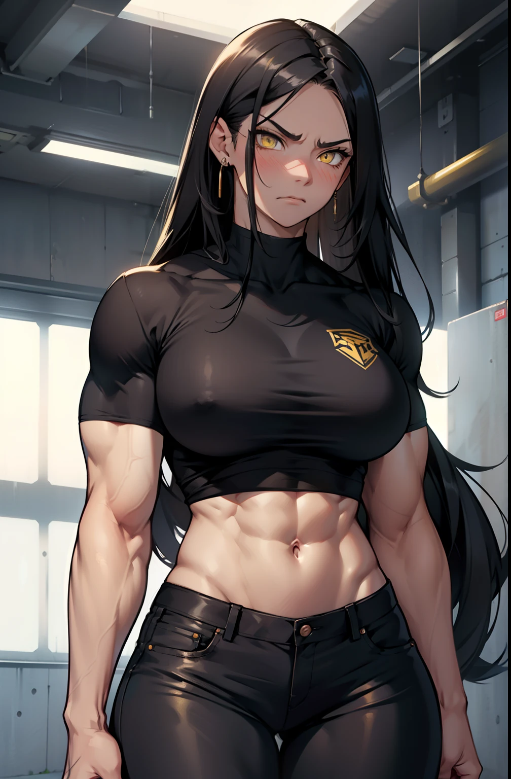 1girl, extremely long hair, solo, ((muscular)), veins, black hair, yellow eyes, blushing, thick thighs, pale skin, strong, veins, abs, big thighs, huge breasts, navel, standing, angry, tight pants, tight shirt