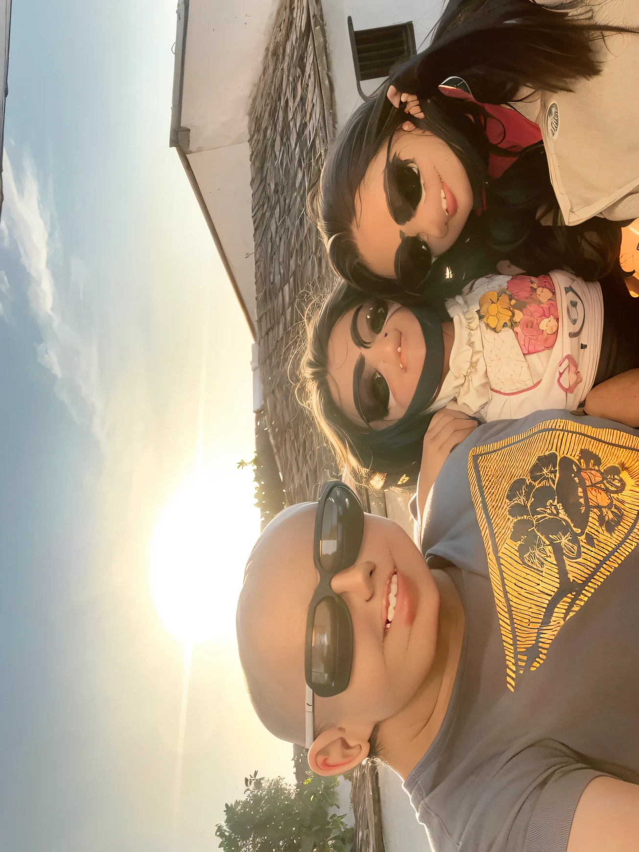 There's three people standing together in the sun, with sunset, during sunset, Happy family, com o sol brilhando sobre ele, at a beautiful sunset, divertindo-se, lindo dia ensolarado, with a sunset, vacation photo, nice afternoon lighting