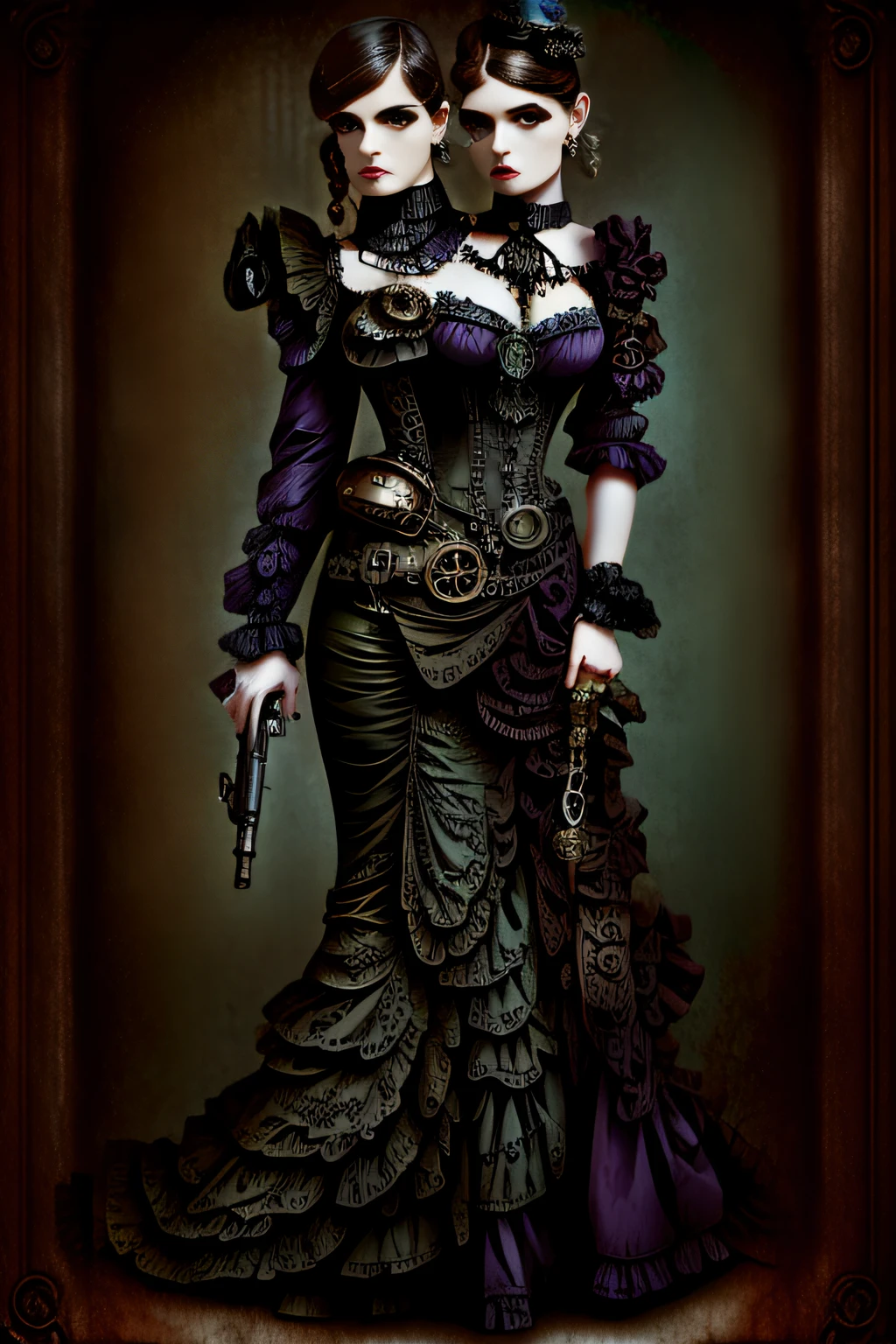 2heads, woman, steampunk, bustle, holding revolver, Very Busty