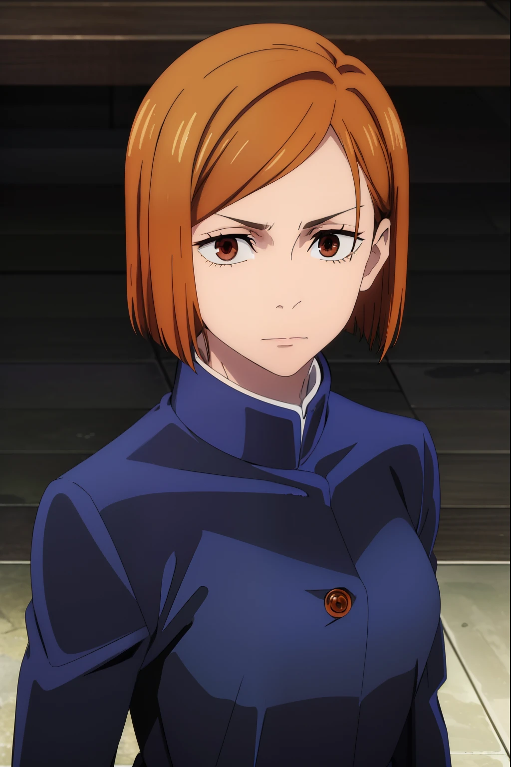 (masterpiece), (best quality), (ultra-detailed), (best illustration), (best shadow), (absurdres), nobarakugisakinova, short hair, orange hair, ((brown eyes)), kugisaki nobara, school uniform, 1girl, solo, jacket, bangs, gakuran, closed mouth, long sleeves, looking at viewer, upper body,