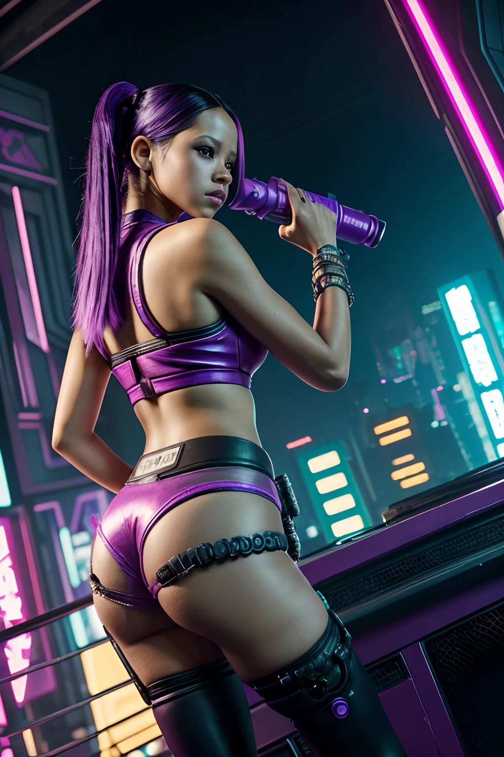 (((Jenna Ortega))) dressed in cosplay of ((jinx))(back view) (open legs) (M-shaped) araffe cosplaying with a gun and a purple outfit, jinx from league of legends, jinx from arcane, vi from league of legends, alice in wonderland cyberpunk, vi from arcane, cyberpunk angry gorgeous goddess, arcane jinx, in cyberpunk style, seductive cyberpunk dark fantasy, oppai cyberpunk, cyberpunk 2 0 y. o model girl, cyberpunk vibes