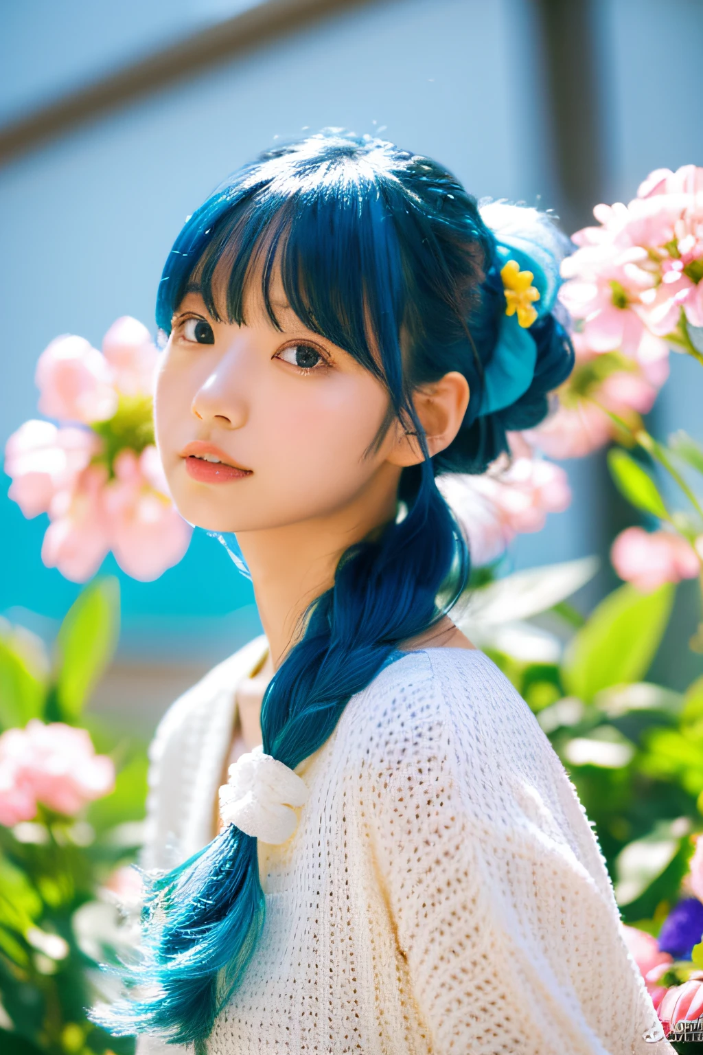 (masutepiece), (Best Quality), (ultra-detailliert),(disheed hair),(Illustration), (1girl in), (Fashionable clothing), Good Morning Greetings, Fashion Model, Looking at Viewer, (interview), (Simple background), Beautiful detailed eyes, Delicate beauty, floating, (High color saturation), (Colorful splash), colorful bubble, (shine), Focus on the face, Ponytail, kamisato ayaka, Light blue hair, Bangs, Scrunchie, Floating flowers, Flowing hair, (shiny), The best lighting, Best Shadows, Perfect hands