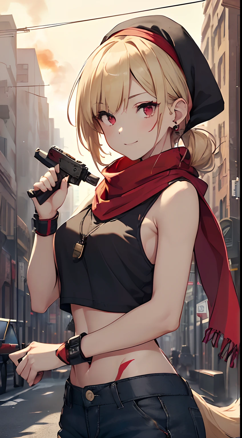 top-quality、Top image quality、masterpiece、girl with((18year old、Blue navel tank top、Military pants、Best Bust、Bust 90、Blonde Away Tail、Red Eyes、open chest wide、Valley、Happiness、A slender、ssmile、black bandana、Holding a revolver in your right hand,Earphone jack in ear、Red Body Paint、Shooter、Black scarf、dog tag、a little muscular、nffsw))hiquality、Beautiful Art、Background with((Survival Games、Burning smoke、drone、Sunny city))、masutepiece、Elaborate design、visualart、