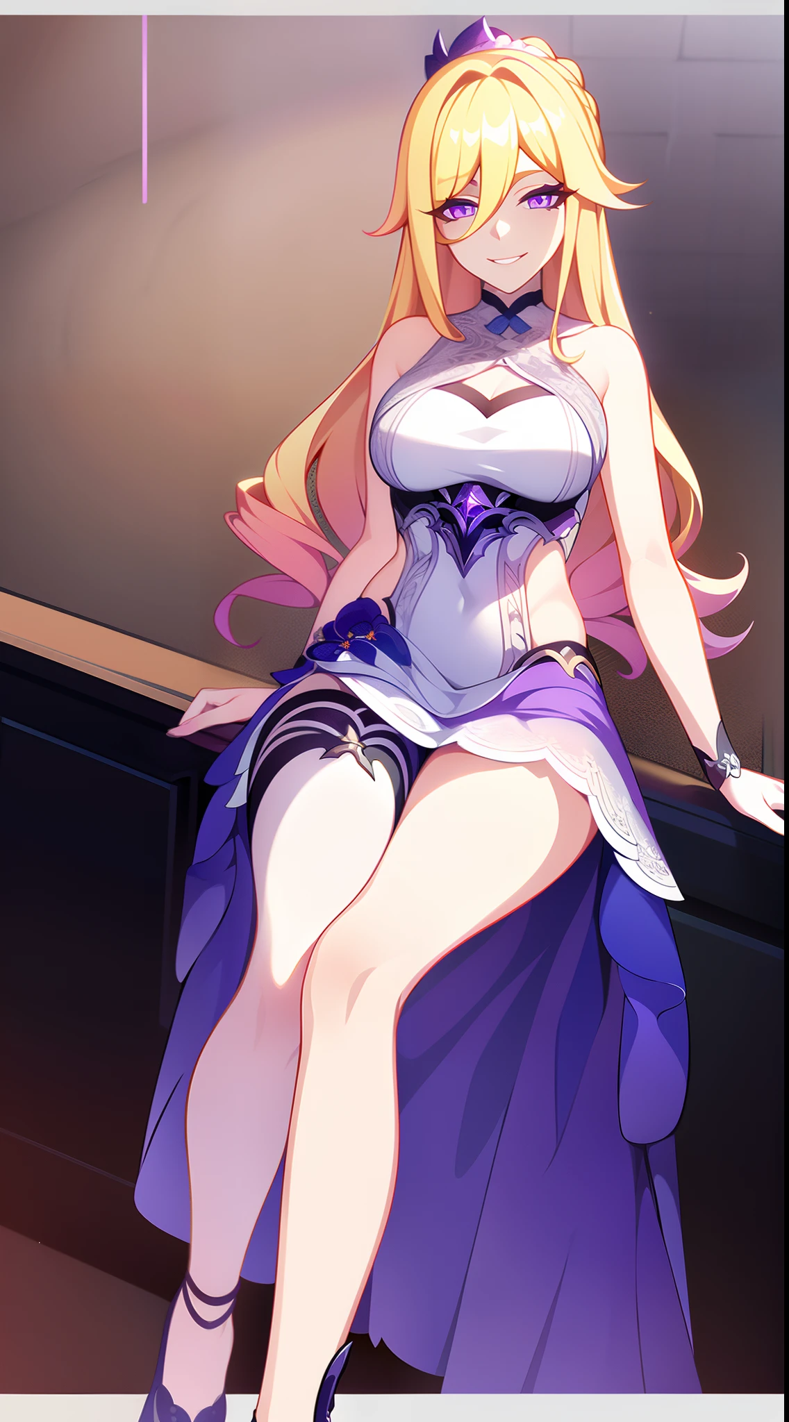 a beautiful girl, with medium breasts and pronounced hips, with long, loose yellow-blond hair, with gray eyes. He wears a tight black college uniform.. She is sitting on a bed, looking with a little annoyance at the viewer.