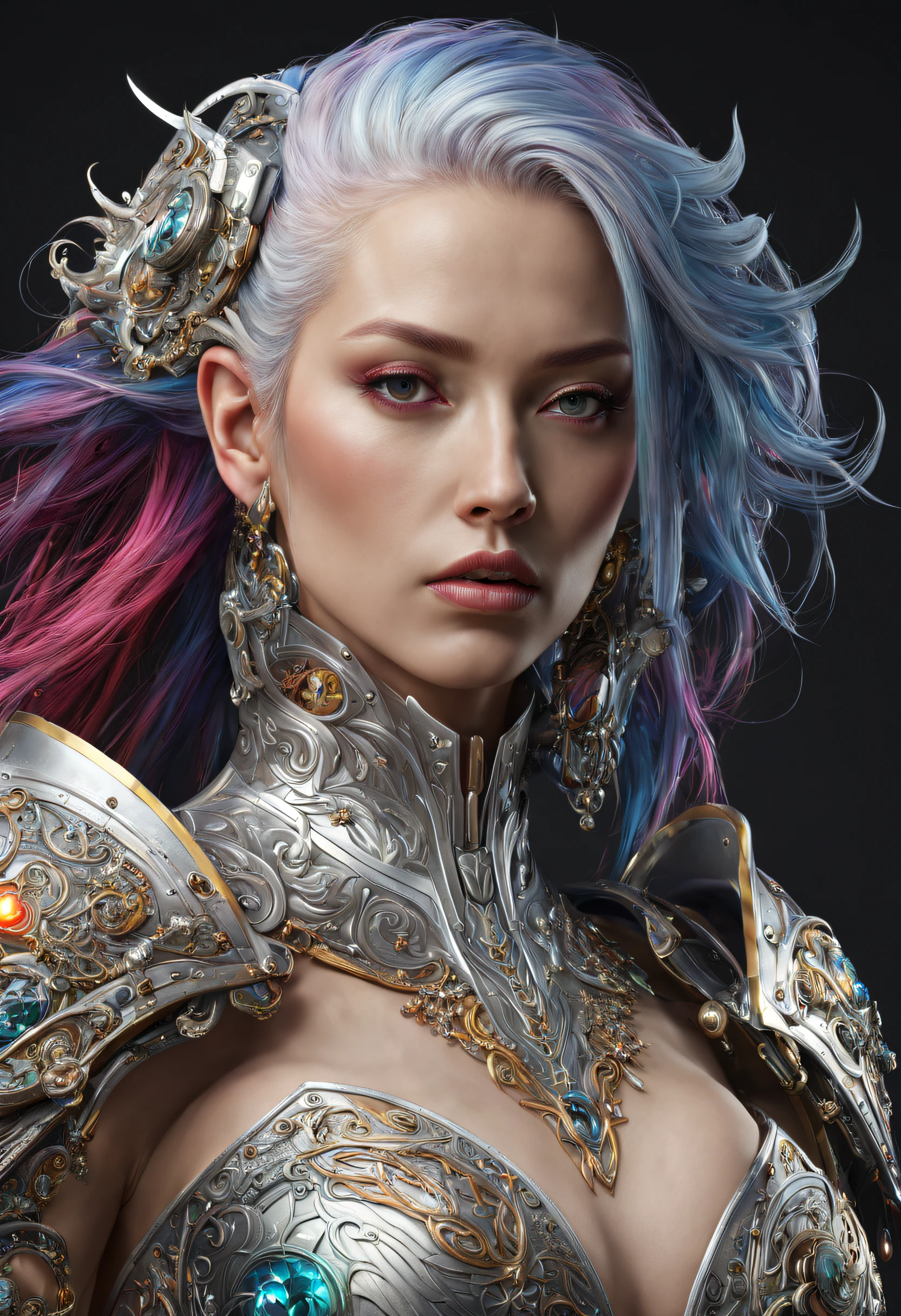 (((of the highest quality))),(unparalleled masterpiece ever),超A high resolution,(Photorealsitic),Surreal photos of stunning beautiful cyborg women, rainbow hair, huge-breasted, (Beauty and detailed armor), acceptance, Delicate White Platinum Filigree, intricate filigree, blazing, Navel, Highly detailed, intricate-detail, Face symmetry, masutepiece, Award-winning, Sharp Focus, Concept art, Octane Render,(Half-body image), ​masterpiece, top-quality, hightquality, hight resolution、