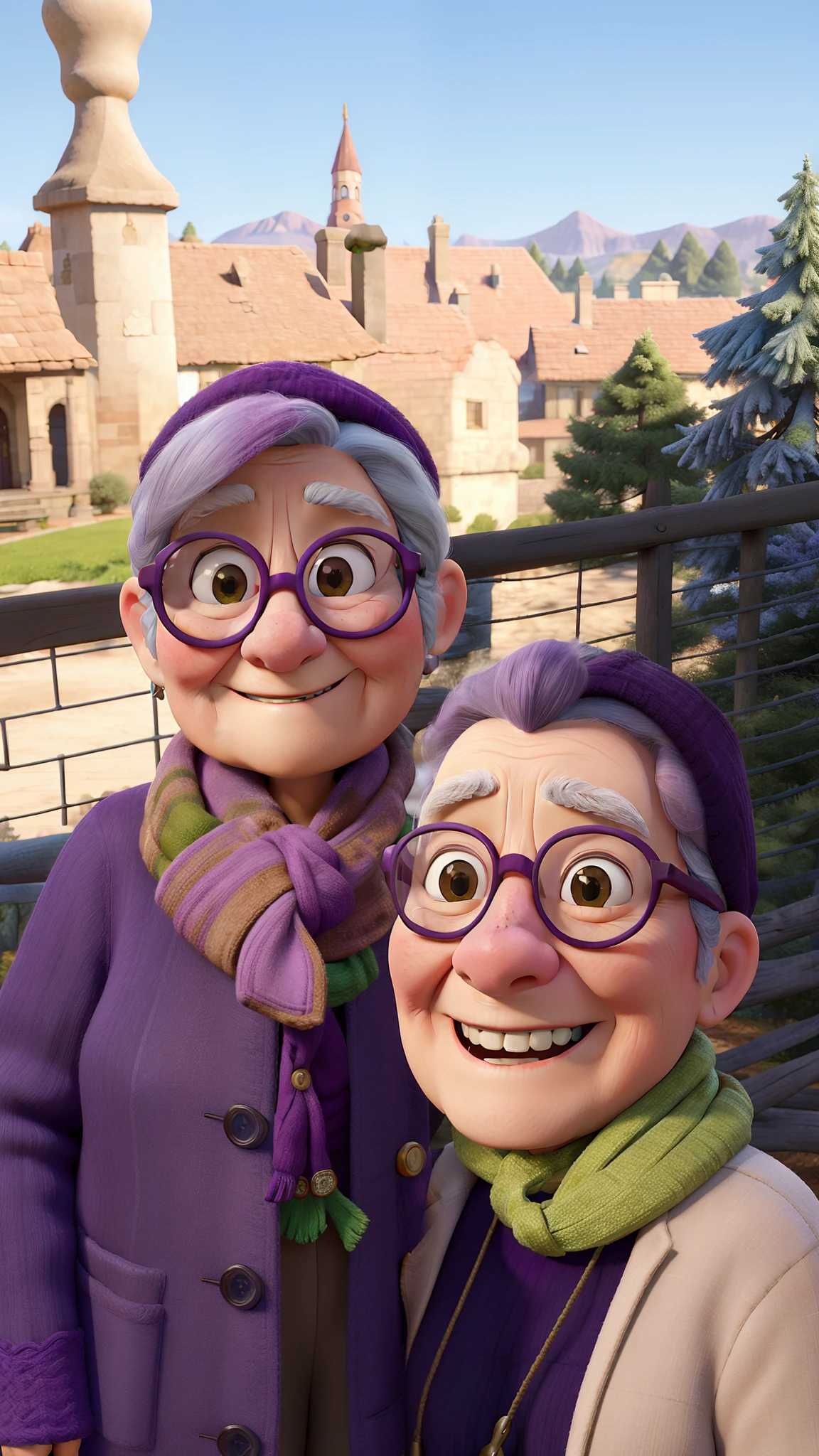 masterpiece, best quality, an old woman with glasses and a scarf on, wearing a purple coat and green scarf, standing at the park