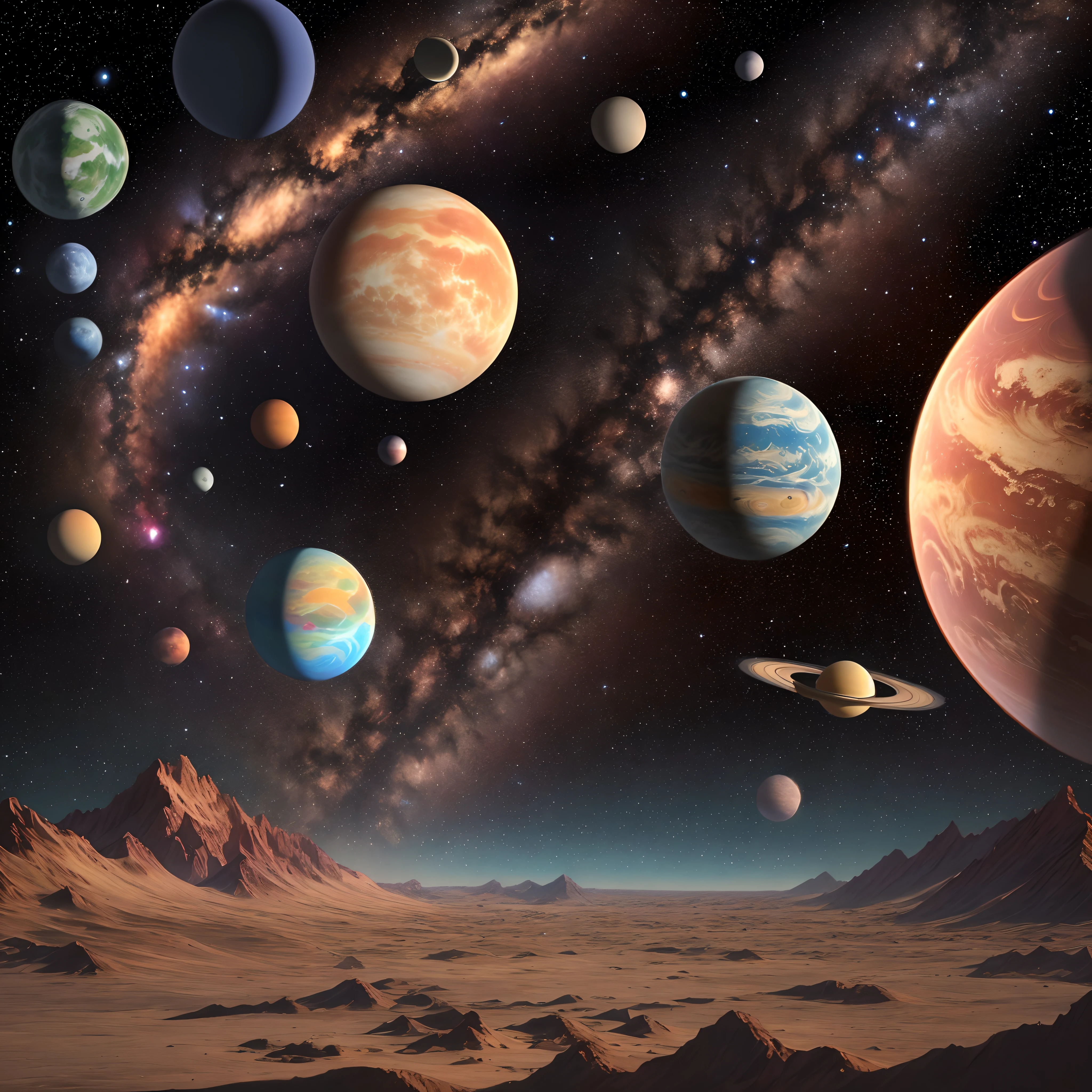 A group of planets in the sky with a mountain in the background - SeaArt AI