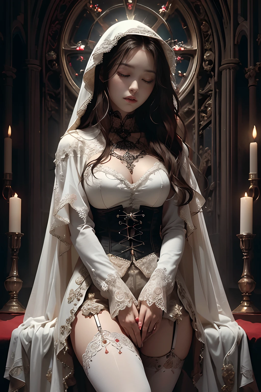 top-quality、masterpiece、超A high resolution、Sit on a chair and say a prayer、Woman in beautiful lace corset and lingerie, ((Look ahead、Absolute frontality))、Prayer Pose、Standing、((Eros, Mystery and God々Feeling、cathedral、Gothic))