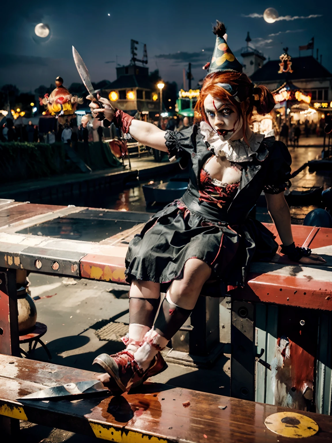 8 girl, in clown costume sitting on very bloody bench with a bloody knife in her hand, bright Red hair, covered in bloody, bloody costume, bloody scene, blood dripping from the knife, blood everywhere, lots of blood, moon lit, night time, Evil Demonic carnival background, Ferris wheel with lights, carnival rides, carnival lights, creepy dark night, goth clown girl, carnival rides, carnival lighting, creepy clown girl, intricate clown costume, clown girl, full costume, portrait shot, costume, sinister pose, scary clown, slide show, jester themed, a portrait, special, court jester, wearing accurate clown makeup, full body with costume, cinematic style, scary atmosphere, horror scene, ultra detailed, 8k, horror graphics, evil scene,