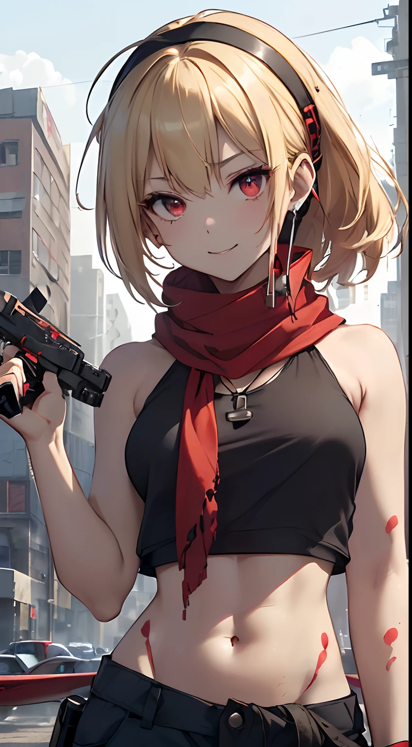 top-quality、Top image quality、masterpiece、girl with((18year old、Blue navel tank top、Military pants、Best Bust、Bust 90、Blonde Away Tail、Red Eyes、open chest wide、Valley、Happiness、A slender、ssmile、black bandana、Holding a revolver in your right hand,Earphone jack in ear、Red Body Paint、Shooter、Black scarf、dog tag、a little muscular、nffsw))hiquality、Beautiful Art、Background with((Survival Games、Burning smoke、drone、Sunny city))、masutepiece、Elaborate design、visualart、