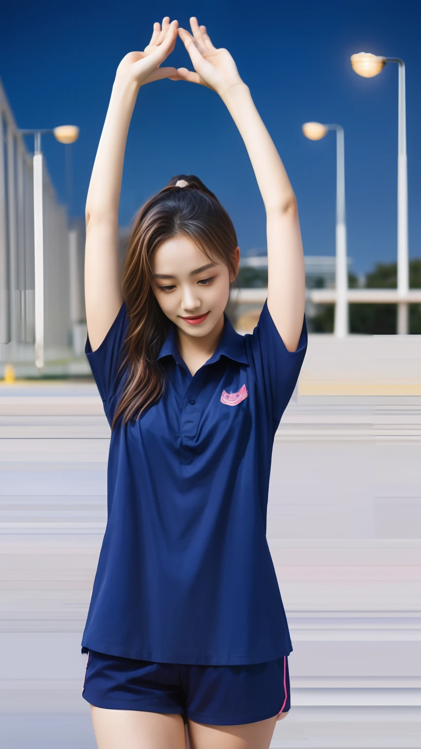 (bestquality,10,10,highres,masterpiece:1.2),ultra-detail,(Realistic,photorealistic portrait,photo-realistic:1.37),1 Cute girl in the football field,oily shiny skin,bara,light smile,BDclothes,((blue shirt:1.3)),short sleeves,shirt, trousers.,(navy_long_Pants Track:1.1), ((Stadium Background:1.3)),dynamic angle,excited,face focus,Dynamic Poses,from behide,Ass Focus,masterpiece, bestquality, ultra realistic, hyper-detail, 8k resolution, RAW photo, crisp focus, ((Navy blue shirt:1.1)), short sleeves, Long Path, Perfect body, 2 mature women, 18yo, cinematic light,Blue sweatpants,Gymware,Correct anatomy,Complete body, Correct body, sharp face, Anatomically correct body, full entire body, Realistic gestures, long-haired, Realistic poses,Wear long shorts......................,Long leg span,Shapely,Sculpting Girl, Slender Figure, mannequin mannequins, Shapely, Beautiful body,Blue sweatpants,Sit on your side.,On my side........,Seated