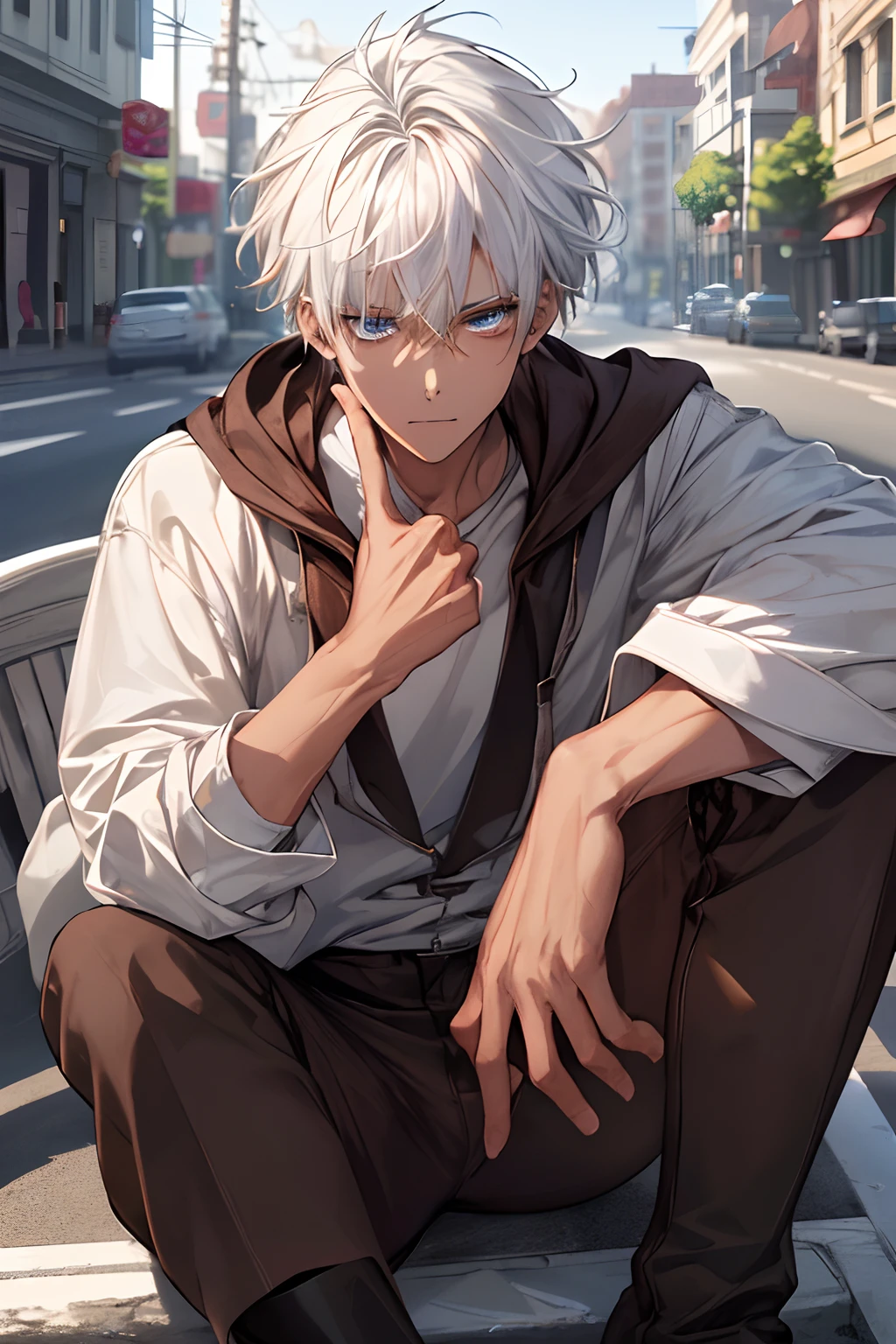 {{top-quality,​masterpiece,8k wallpaper}},top-quality,Ultra-detailed CG Unity,Particle,Cinematographic lighting,lensflare,((1 ager)),a handsome,youthfulness,a 20-year-old boy,slender,close up of face,Looking at the camera,Cool Face,{{Sunburned skin,Brown skin,Brown-skinned,Arab}},Sharp eyes,Delicate eyes,Glassy dark blue eyes,Silver-white hair,Hair of medium length,hair messy,dark boy,Street,Sit on the roadside,long boots,best ratio four finger and one thumb.
