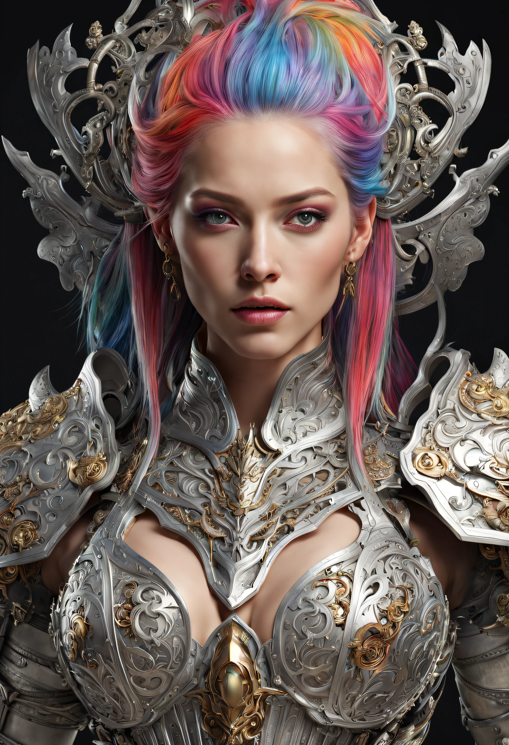 (((Top Quality: 1.4))),(Unparalleled Masterpiece),ultra high res,(Photorealsitic:1.4), surreal photography of a stunning beautiful cyborg female, (rainbow hair), huge breast, (beauty and detailed armor), embraced, delicate (white platinum) filigree, intricate filigree, glowing, navel, highly detailed, intricate details, face symmetry, masterpiece, award-winning, sharp focus, concept art,( hyperrealism, sharp:1.2) , octane render,(half body image :1.5)