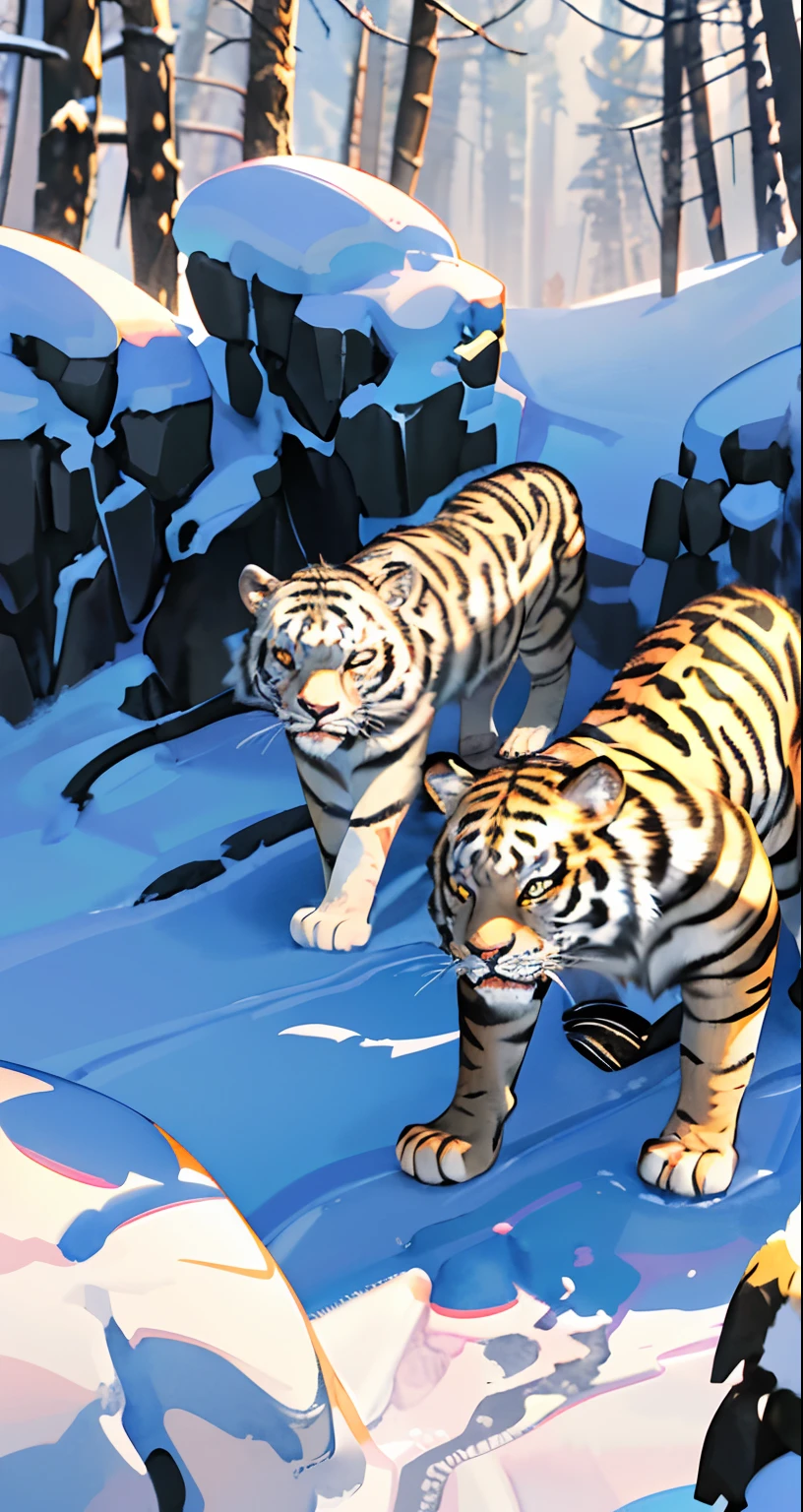 Siberian Tiger in a jungle with a SnowLeopard. snowing in jungle. Snow Leopard and Tiger. Two felines. One feline is a snow leopard, the other is a Siberian Tiger. Anime style. Watercolor. Loose watercolor. Anime Siberian tiger. Anime Snow Leopard. White and orange. Pink and yellow. high quality. 4K wallpaper.