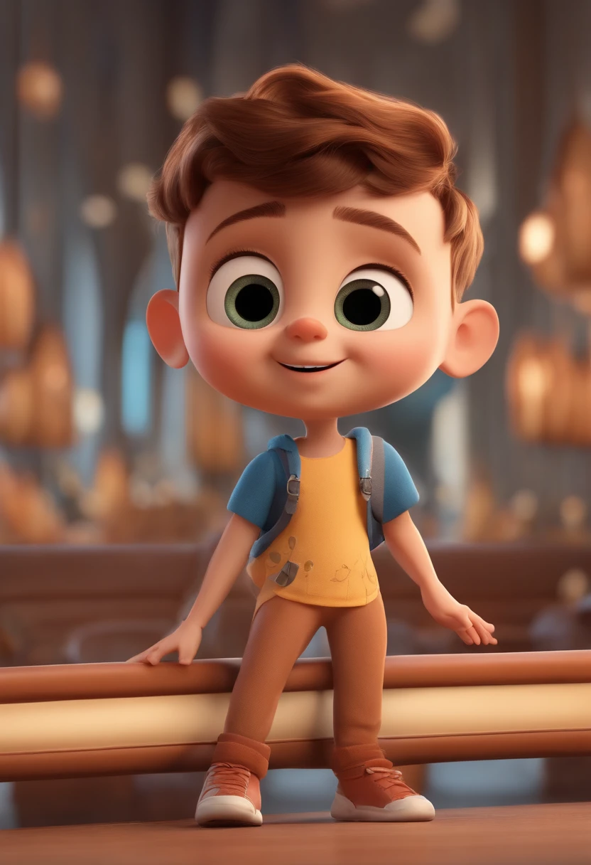 a happy cute kid standing short hair, vestindo uma fantasia espacial, , fundo branco, barnet, Tom, Estilo Pixar, ..3d, desenhos animados, rosto detalhado, asymmetrical 16k, cantoria, segurando um microfone, music, cantoria, Cantar