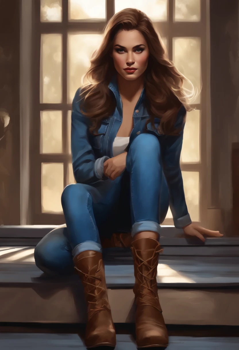 ((cena de suspense ((arte conceitual)), extremamente detalhado com uma  vestindo jeans azul, e casaco marrom e botas)), (better lighting, melhor sombra, um extremamente delicado e assustador), (digital illustation), ((Pintura 4k)), [(Dynamic angle,((1girl)),cabelos brancos, (beautiful face, rosto perfeito, assustado,) fear expression, roupas rasgadas, A gun in your hand, sitting on the floor, darkeness, Casa assustadora),  [:(Escuro, misterioso, pintura do jogo, eerie scenery, Corredores irregulares, casa grande, Deadly silence):]