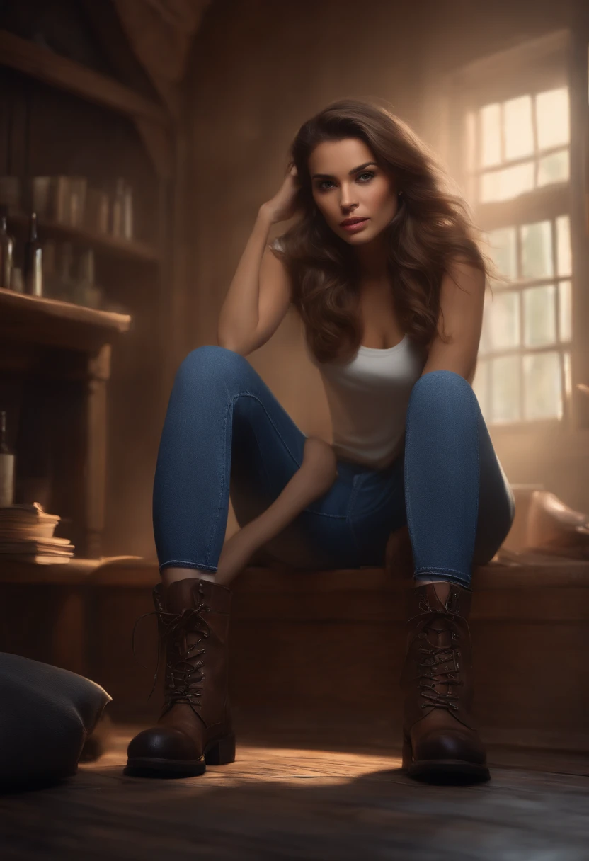 ((cena de suspense ((arte conceitual)), extremamente detalhado com uma menina vestindo jeans azul, e casaco marrom e botas)), (better lighting, melhor sombra, um extremamente delicado e assustador), (digital illustation), ((Pintura 4k)), [(Dynamic angle,((1girl)),cabelos brancos, (beautiful face, rosto perfeito, assustado,) fear expression, roupas rasgadas, A gun in your hand, sitting on the floor, darkeness, Casa assustadora),  [:(Escuro, misterioso, pintura do jogo, eerie scenery, Corredores irregulares, casa grande, Deadly silence):]
