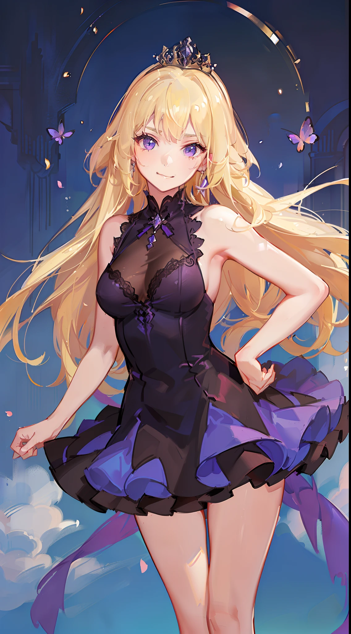 young girl, longue blonde hair, violet eyes, princess dress, Sleeveless, open breasts, smirk, exposed legs, Masterpiece, hiquality, 4k, HD, Good detail