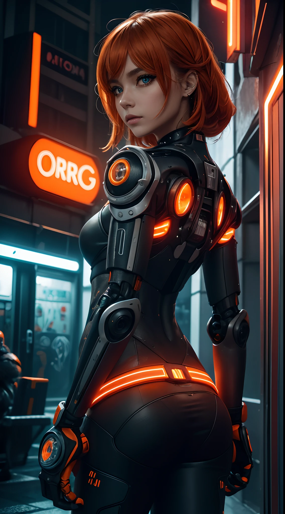 Chica ciborg, Robotic Hand, ojos blancos, Antecedentes de la ciudad cyberpunk, neon light, cabello violeta, obra maestra, Detalles ultra altos,Rear view, vista trasera,More detailed 8K.motor irreal:1.4,UHD,La mejor calidad:1.4, fotorrealista:1.4, textura de la piel:1.4, obra maestra:1.8,obra-prima, mejor calidad,objeto Objeto], (detailed face features:1.3) ,(ciborg:1.4), (manos Detallado:1.4),(Orange+red indicadores y medidores LED:1.4)