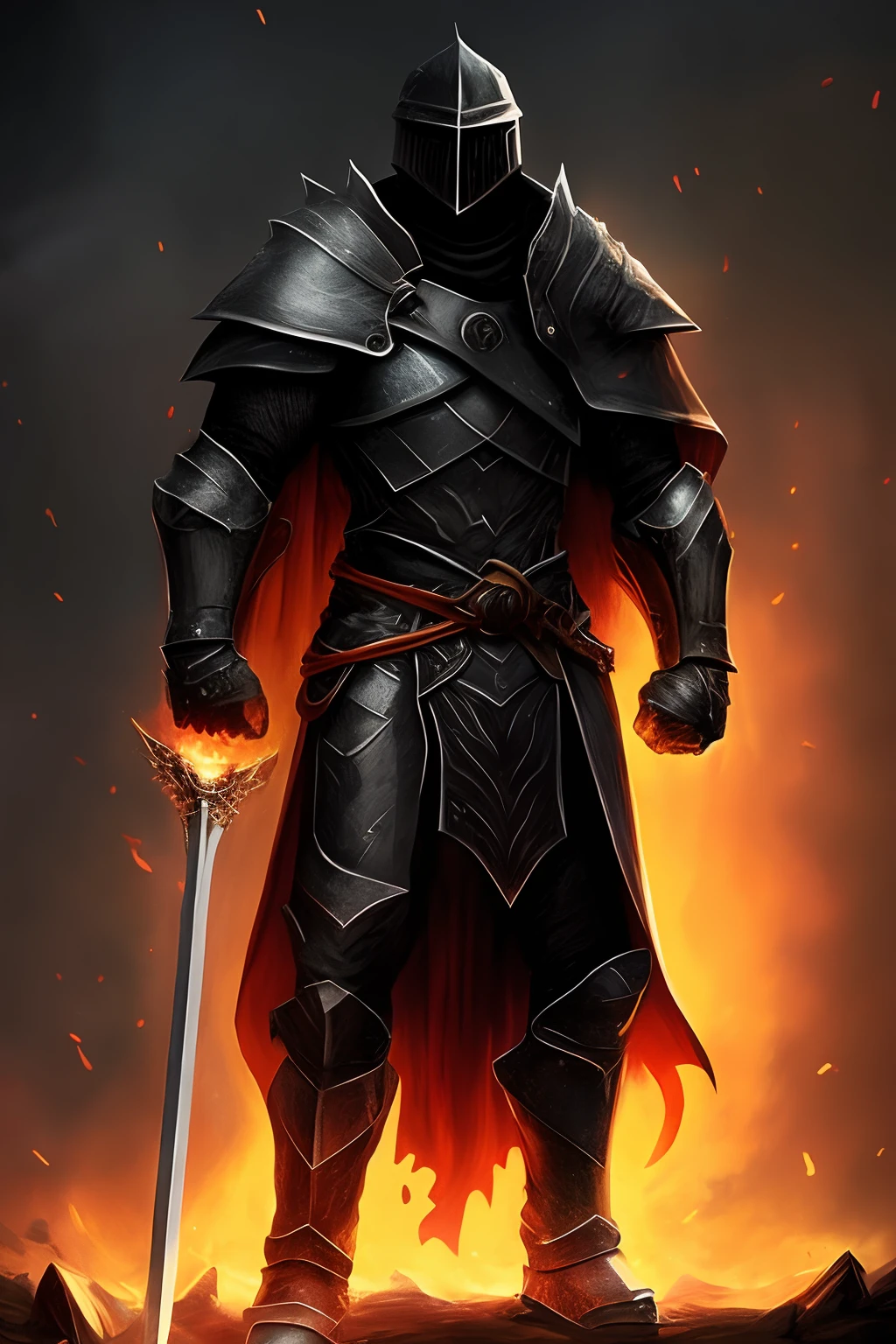 Menacing knight, Black armor, (Full body) sword aimed at the viewer, Shoulder cape on his side, dark skies, bright picture, bolder fists, bloodied helmet, Regular body, Big right shoulder pad, Fire in his fist
