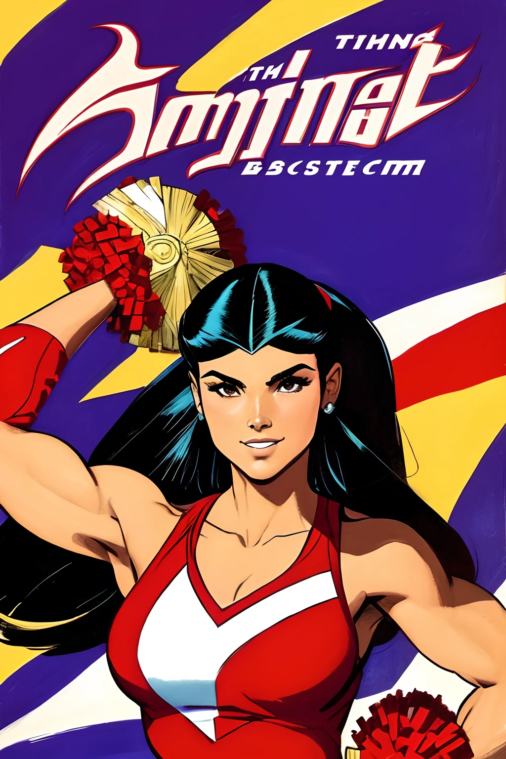 art inspired by John Buscema's stroke, A beautiful college cheerleader with long black hair, radiante e alegre, pronta para torcer pelo seu time no campeonato.