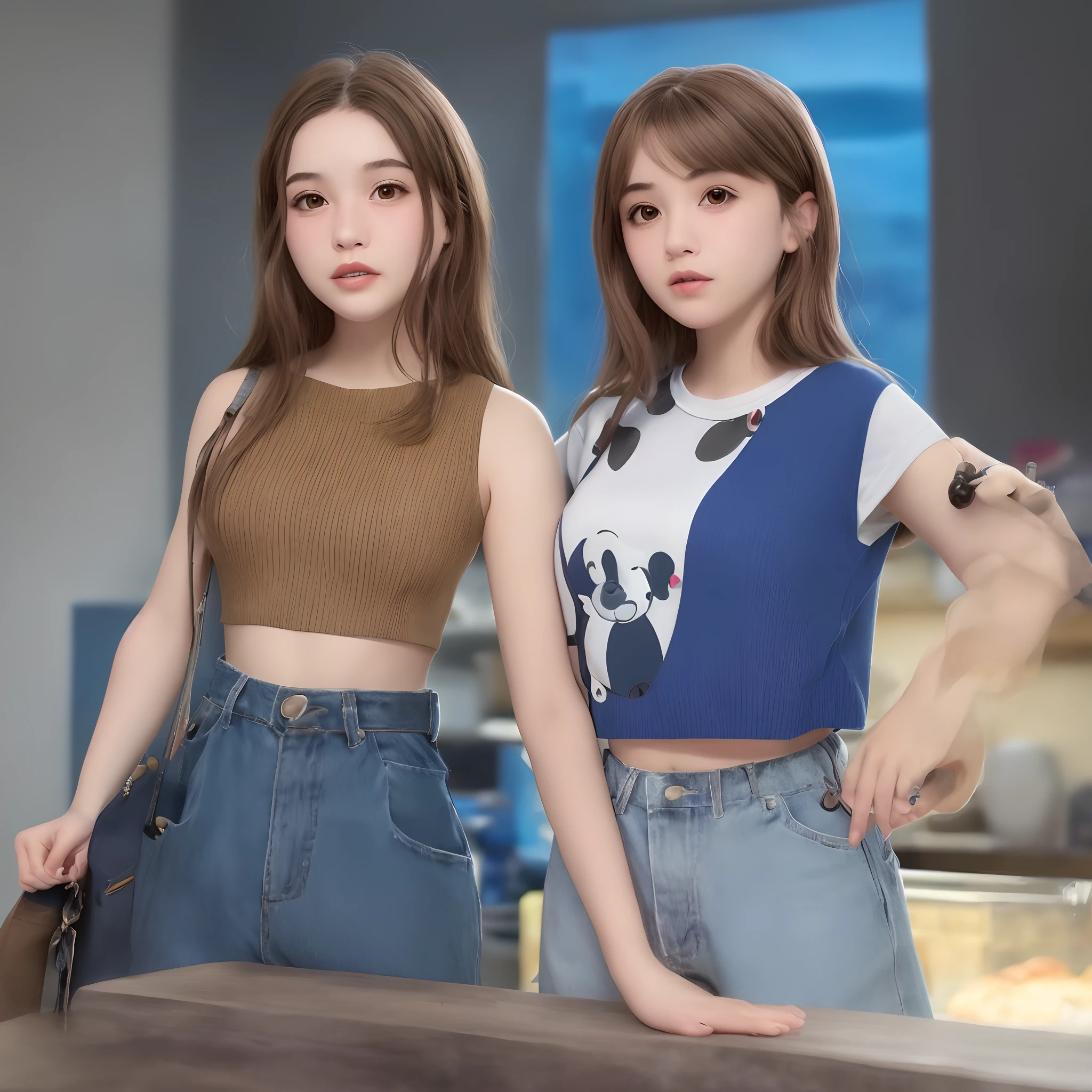 Make Pixar Style Character, Will be a -year-olrl, cbranca, cabelos castanho claro lisos, olhos castanhos, com brincos de argola, usando cropped azul, piercing no umbigo, Photo of half body with one hand on its waist