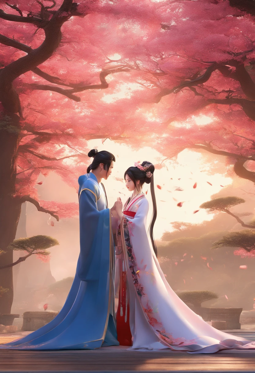 (romantic motifs，The couple hold umbrellas and wear traditional Hanfu，Delicate painting style，WLOP and Sakimichan's style，Elegant cinematic graphics，Guvez artwork style，Detailed movie rendering，8K HD resolution，Unreal Engine builds，Cyan Hanfu，full-body wuxia，Game CG rendering style，Trends on CGSTATION)