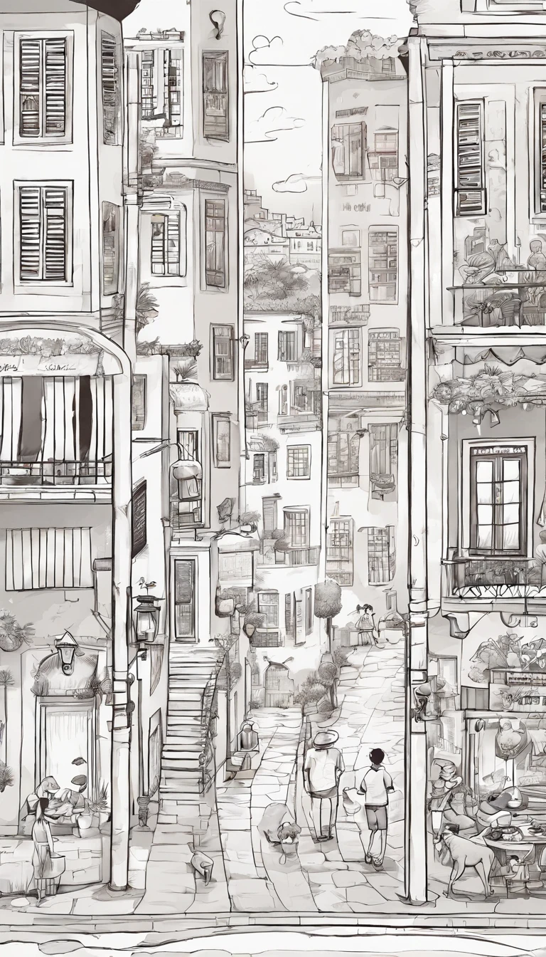 A commercial illustration with a good part in black and white, existe em destaque um cordeiro branco, muito bonito, ele se encontra em uma cidade cheia de animais, To your right is your very adorable wolf friend. O cordeiro possui um olhar muito fixo. The two are close to the center of the city in which the houses are light brown in color, estilo bem rustico. The city is portrayed in a natural way, com casas de madeira ao redor. The image should have a natural style with fine strokes and neutral colors, A touch of manga. O cordeiro deve ser representado em detalhes, with his expression demonstrating purity and determination in his task. A imagem deve ser em preto e branco com alta qualidade, with a pencil and ink caricature drawing style, com cores neutras e leves. Certifique-se de pegar o lobo cinza conversando com o cordeiro, but not so glued together symbolizing happiness and hope in the face of life's challenges.", 16k