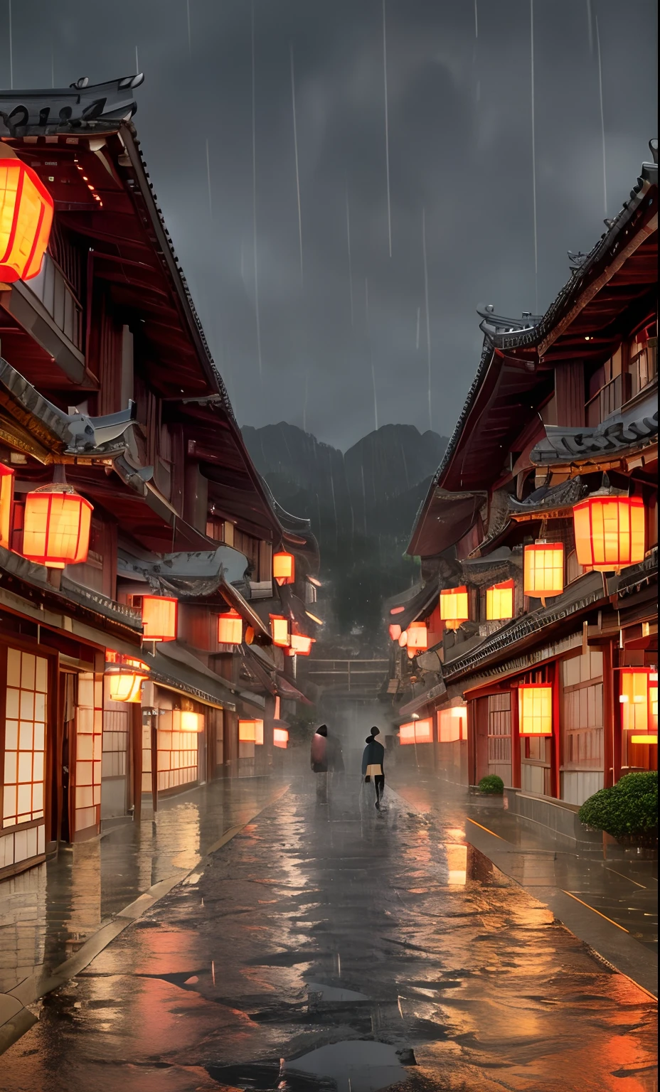 arafed view of a village with a lot of lights on the buildings, dreamy chinese town, chinese village, amazing wallpaper, japanese town, japanese village, hyper realistic photo of a town, old asian village, japanese city, by Raymond Han, rainy evening, cyberpunk chinese ancient castle, beautifully lit buildings, at evening during rain, beautiful and aesthetic, photography, cinematic, 8k, high detailed ((Heavy rain)))