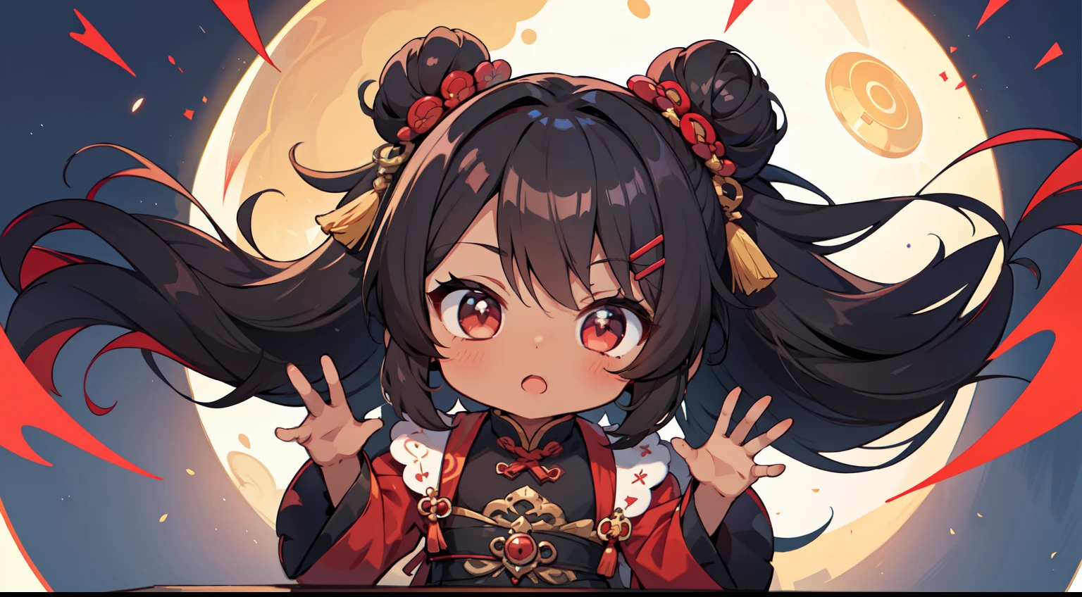 Masterpiece, Best Quality, (stadium), dynamic pose, masterpiece, best quality, chibi, GenshinAvatar, masterpiece, best quality, 1girl, symbol-shaped pupils, long hair, fluffy bangs, large hair buns, Chinese clothes, two hair clips, long hair tie, ((1girl)), ((masterpiece)), feminine, black hair, dark-skinned, black girl, person of color, curly hair, bright red eyes, cute expression, anime, golden ratio, intricate detail, 8k post production, high resolution, sharp focus, intricate detail, highly detailed, anime, Black and red clothes, black girl, dark skin color, dark skin, brown skin, chibi, cute expression