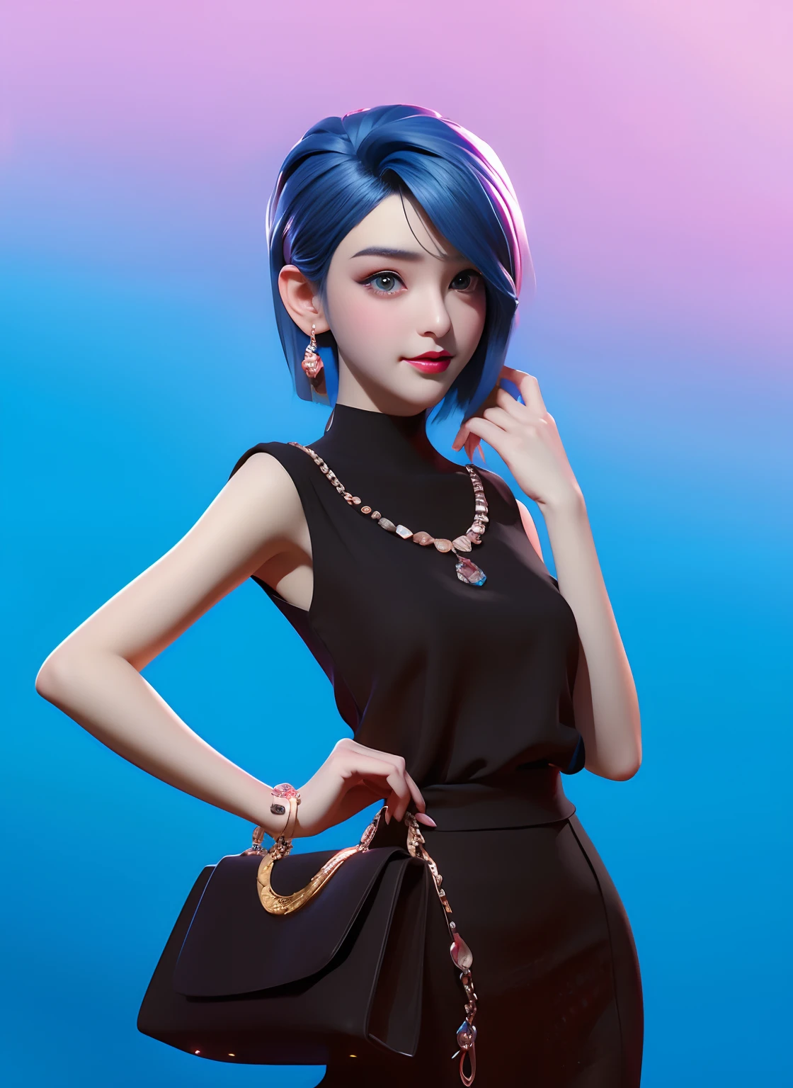 Arrafi woman,Blue hair and black dress,holding a purse, digital art of an elegant, in style of digital illustration, 3 D rendering character art 8 K, stunning art style, Anime style. 8K, Cartoon style illustration, anime styled 3d, stylized portrait formal pose, Stylized digital art, stunning digital illustration, 2D illustration