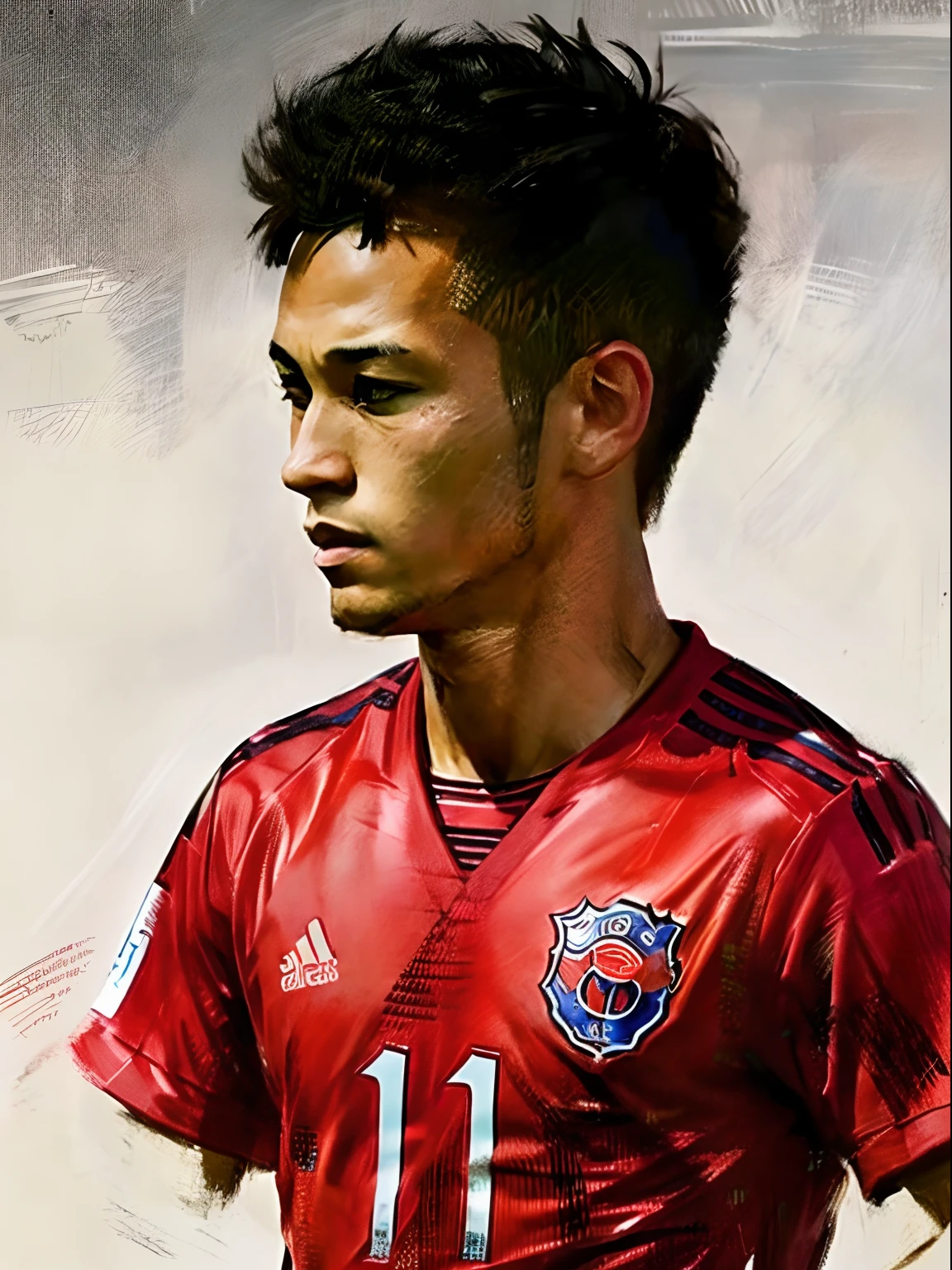 Homem Soccer Player face, style greg rutkowski realist, style anime, Japanese 17 years, Japanese Neymar