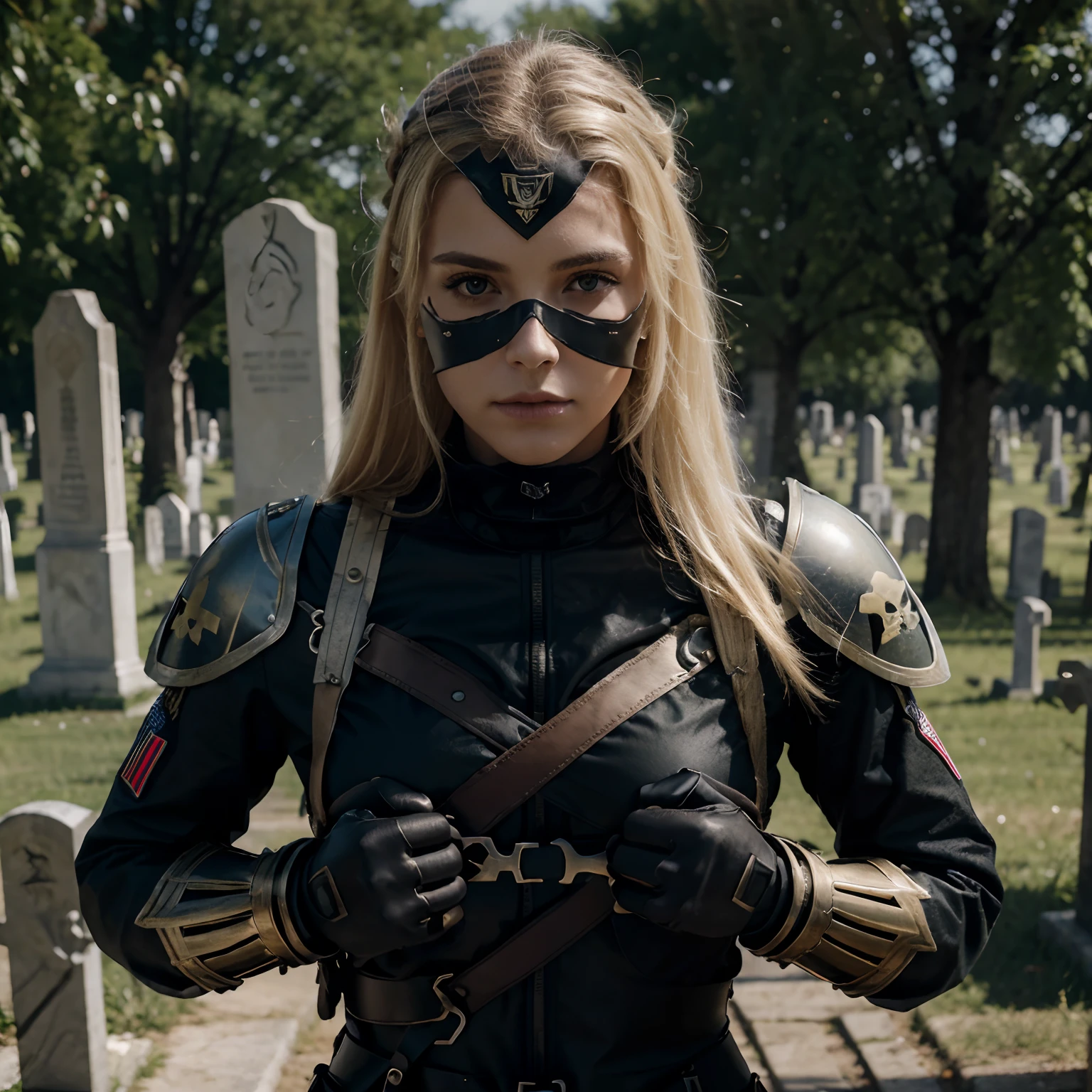 8k, Best quality, Masterpiece ,Femme blonde,Female Soldier Skull Mask, armure, army, Arme de maintien, The Death Squad, Cemetery Landscape open T-shirt showing her breasts perfect breast full nude