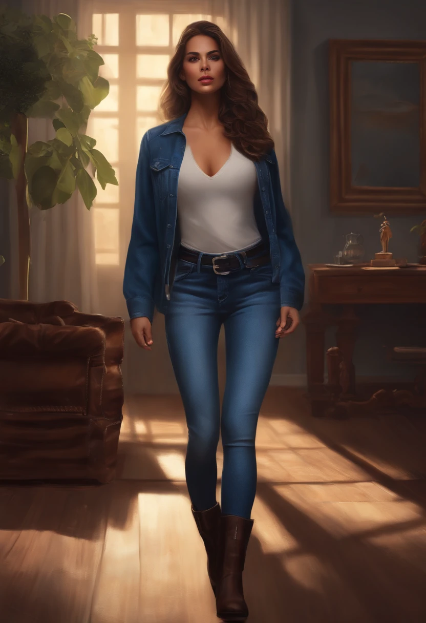 ((cena de suspense ((arte conceitual)), extremamente detalhado com uma menina vestindo jeans azul, e casaco marrom e botas)), (better lighting, melhor sombra, um extremamente delicado e assustador), (digital illustation), ((Pintura 4k)), [(Dynamic angle,((1girl)),cabelos brancos, (beautiful face, rosto perfeito, assustado,) fear expression, roupas rasgadas, A gun in your hand, sitting on the floor, darkeness, Casa assustadora),  [:(Escuro, misterioso, pintura do jogo, eerie scenery, Corredores irregulares, casa grande, Deadly silence):]