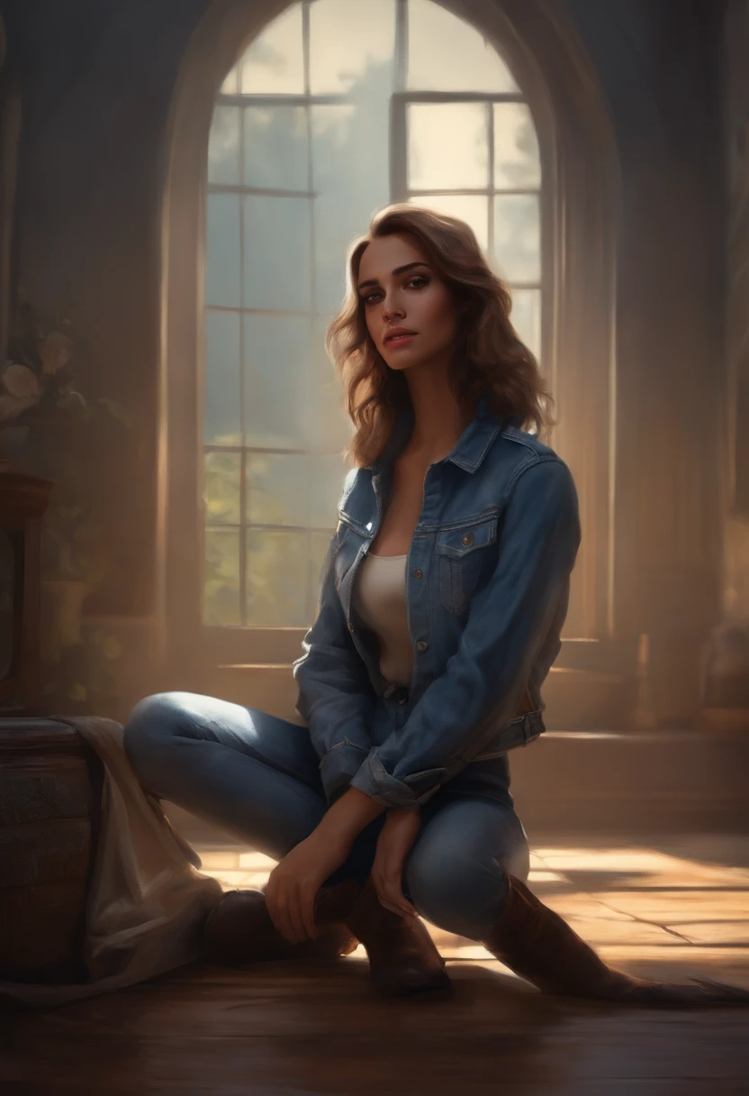 ((cena de suspense ((arte conceitual)), extremamente detalhado com uma menina vestindo jeans azul, e casaco marrom e botas)), (better lighting, melhor sombra, um extremamente delicado e assustador), (digital illustation), ((Pintura 4k)), [(Dynamic angle,((1girl)),cabelos brancos, (beautiful face, rosto perfeito, assustado,) fear expression, roupas rasgadas, A gun in your hand, sitting on the floor, darkeness, Casa assustadora),  [:(Escuro, misterioso, pintura do jogo, eerie scenery, Corredores irregulares, casa grande, Deadly silence):]