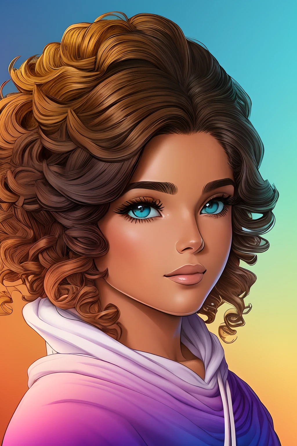 art inspired by John Buscema's stroke, 1girl, sozinho, foco sozinho, cowboy shot, retrato, Capuz Oversized, Aqua verde e branco hoodie, half water, Meio Verde, ((brown hair)), (cabelos amarelos), (gradient hair :1.5), curly hair, ((olhos cor-de-rosa)), olhos hiperdetalhados, then, (caramelo pele escura:1.1), best quality, ultra-detalhado, fundo branco, fundo simples