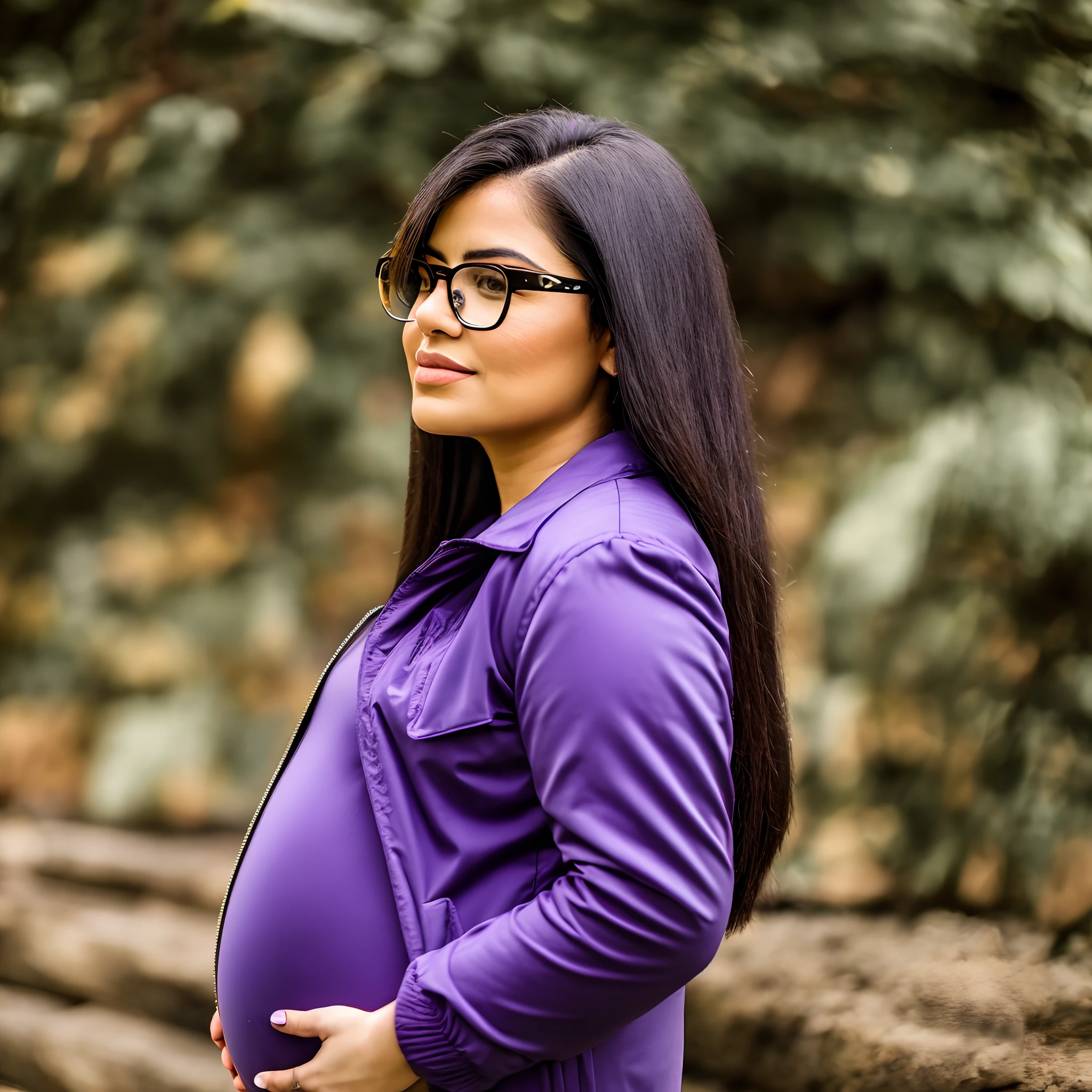 there is a woman with glasses and a purple jacket posing for a picture, with glasses, 18 years old, estefania villegas burgos, with glasses on, profile image, girl with glasses, lorena avarez, alanis guillen, 2 8 years old, girl wearing round glasses, 21 years old, 2 7 years old, frontal picture. Pregnant and hold her belly.