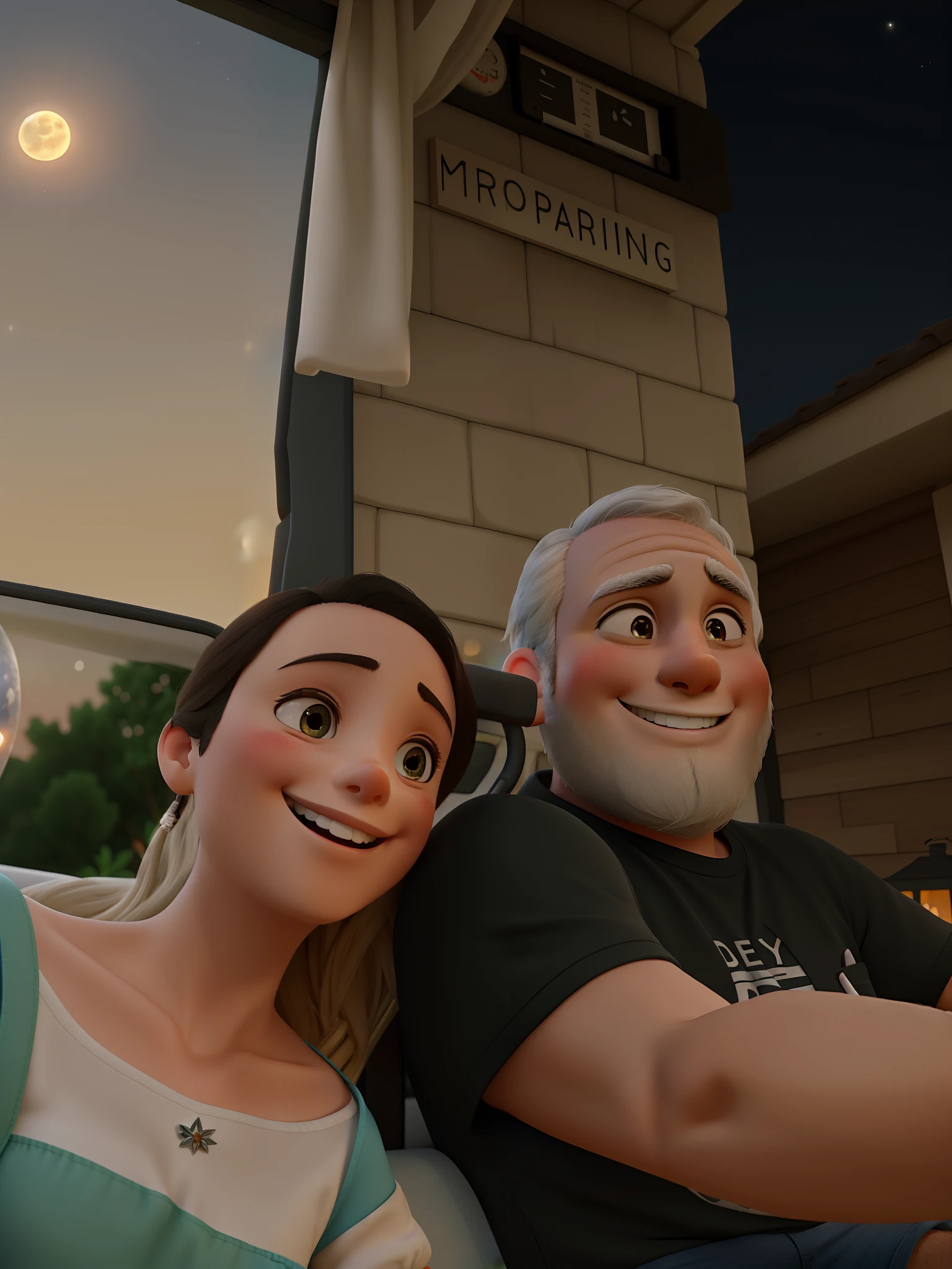 A happy couple on a summer night lit by a full moon