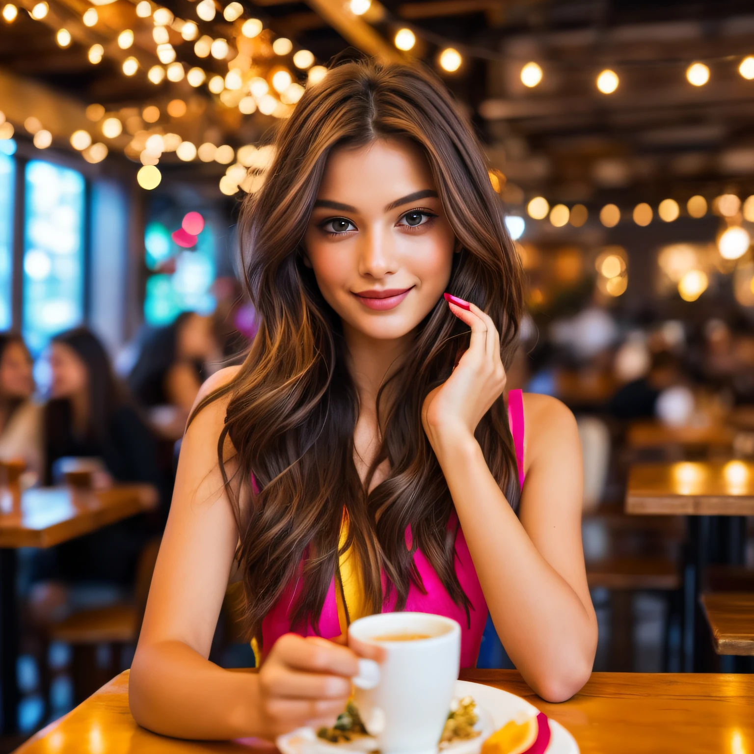 (best quality,realistic),brown hair,beautiful detailed eyes and lips, long hair flowing in the wind,girl taking a selfie in a vibrant restaurant,brown eyes,perfectly styled hair,modern and trendy atmosphere,stylish outfit,delicious food and drinks on the table,energetic and lively atmosphere,background filled with people enjoying their time,beautiful decorations and colorful lights,vibrant and eye-catching colors,perfect lighting to capture the moment
