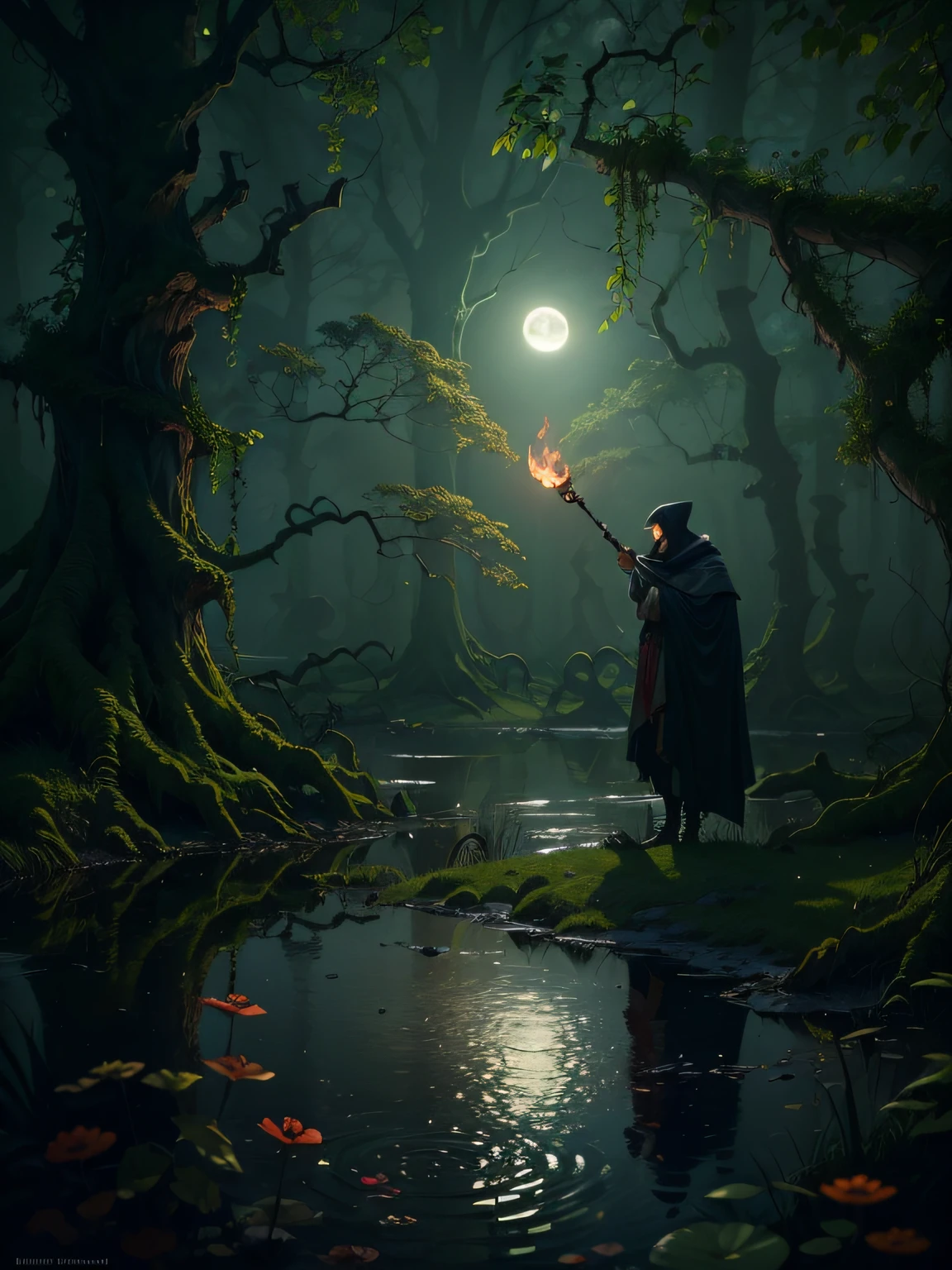 In a terrifying fairytale swamp under the moonlight, The Devil Negotiates with the Traveler, (best qualtiy,4K,8K,hight resolution,​masterpiece:1.2),ultra-detailliert,(realist,Photorealista,Photorealista:1.37), Dark Fantasy, Unforgettable atmosphere, Mysterious fog, Twisted tree roots, Mysterious glowing mushroom, Turbid green water, mossy rock, Ripples on the surface, Subtle reflections of moonlight, The ominous silhouette of the devil, Sharp and threatening features, deep red eyes, Ghostly pale skin, intricate tattoos, malicious smile, Tall and elegant traveler, Worn-out clothes, Determined expression, Hold the flashing torch aloft, Mystical artifacts, Antique parchment with incomprehensible symbols, Spooky whispers, The air is tense and heavy, Faint candlelight, A foggy and ethereal figure lurking in the background, Disturbing shadows cast by moonlight, Suspended environment.