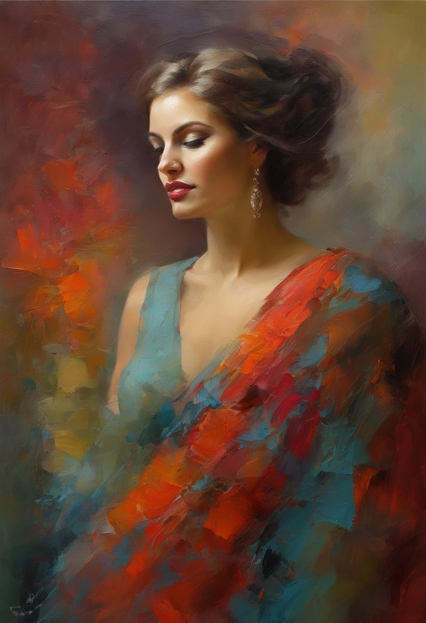 retrato de uma mulher, uma mulher muito bonita, longos cabelos loiros, olhos sorridentes, looking at the camera, boca sorridente, revelando vestido vermelho, acrylic painting, Pinceladas ousadas e expressivas, estilo impressionista, Epic surreal background, pinceladas muito pesadas com tinta texturizada grossa, professional lighting & Sombras, alto contraste, Painting Fine Arts, Wadim Kashin.