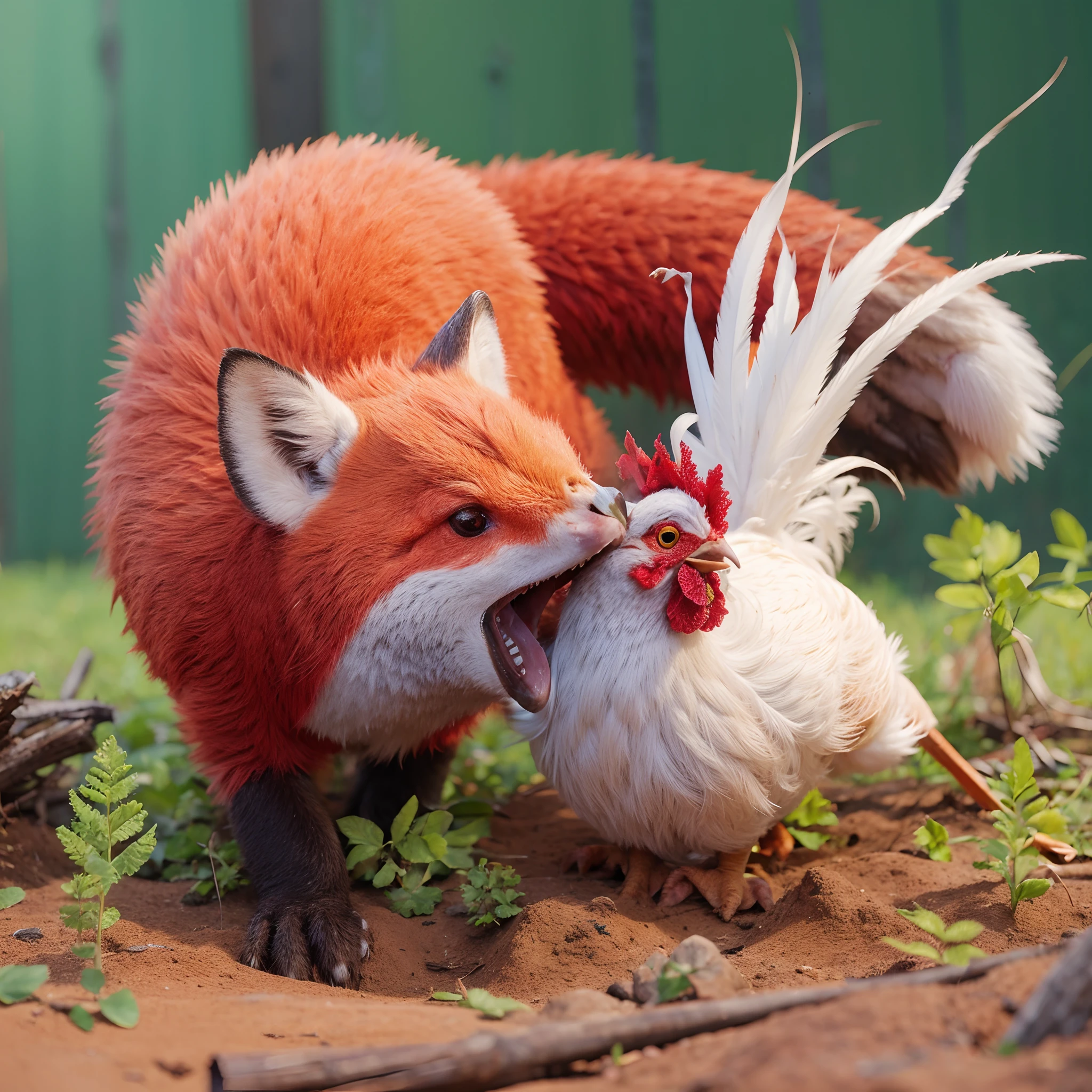 uma raposa comendo uma galinha, estilo pixar em alta qualidade