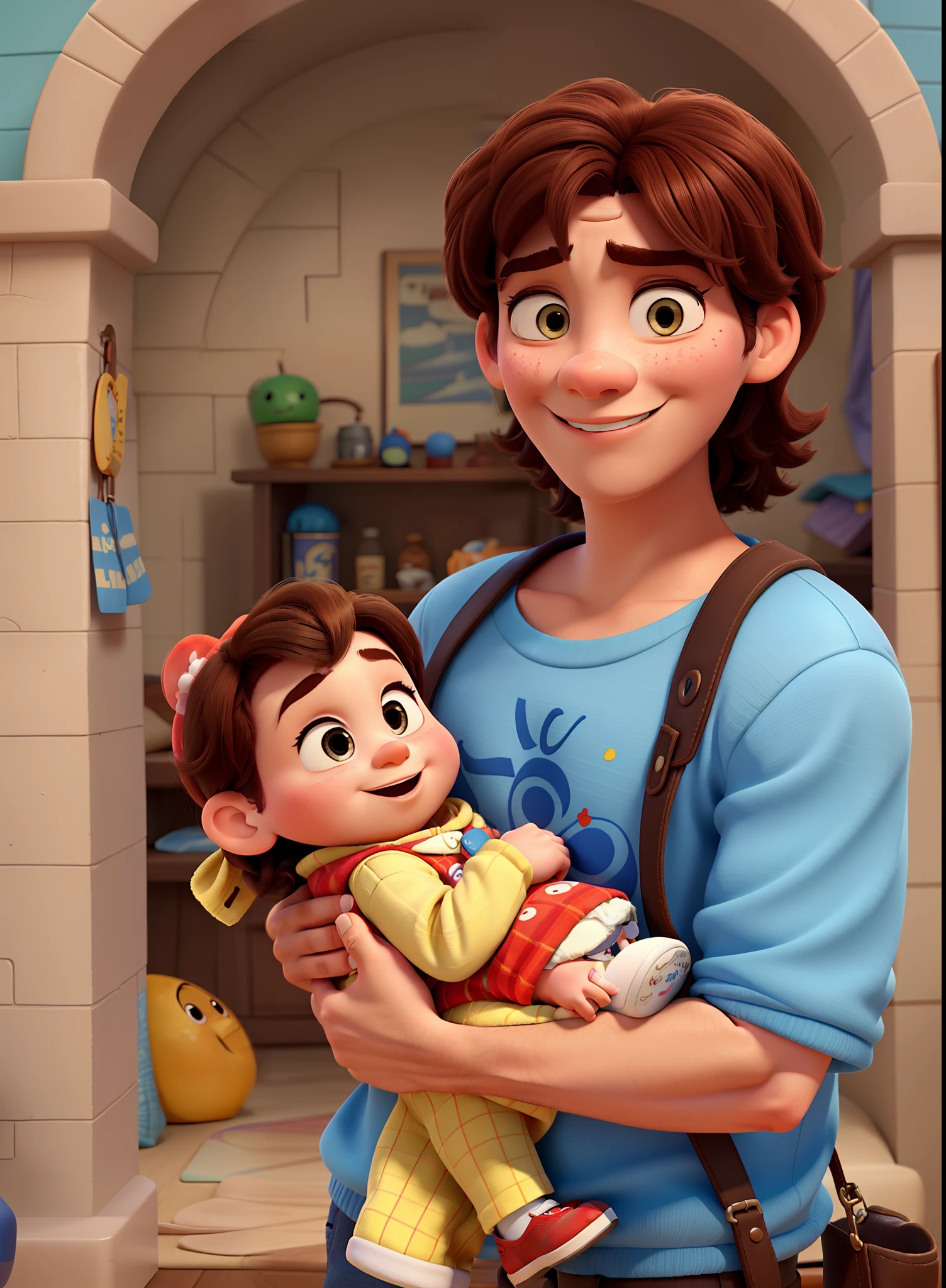 A Man and Woman Holding a Disney Pixar Style Baby