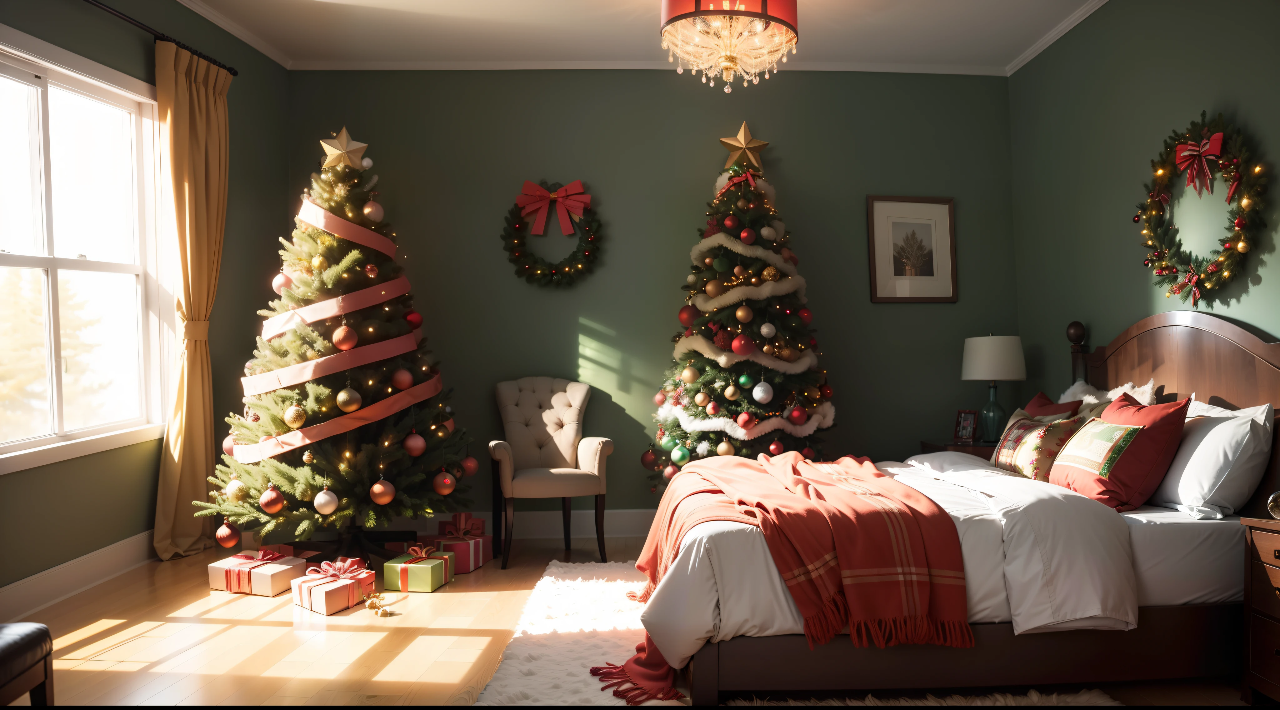 Bright atmosphere，True exposure，Ray traching，Excellent image quality，Christmas，Christmas tree，pompon，bell，Luminous colored light bar，inside in room，warm，Christmas decorations are hung on the wall