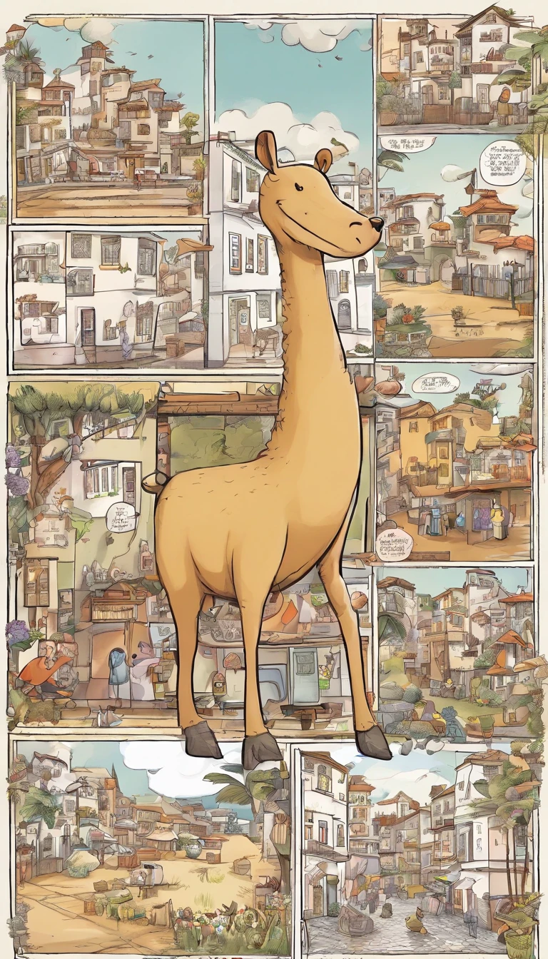 A commercial illustration with a good part in black and white, There is only one white lamb in it, muito bonito, ele se encontra em uma cidade cheia de animais, To your right is your very adorable wolf friend. O cordeiro possui um olhar muito fixo. The two are close to the center of the city in which the houses are light brown in color, estilo bem rustico. The city is portrayed in a natural way, com casas de madeira ao redor. The image should have a natural style with fine strokes and neutral colors, A touch of manga. O cordeiro deve ser representado em detalhes, with his expression demonstrating purity and determination in his task. A imagem deve ser em preto e branco com alta qualidade, with a pencil and ink caricature drawing style, com cores neutras e leves. Certifique-se de pegar o lobo cinza conversando com o cordeiro, but not so glued together symbolizing happiness and hope in the face of life's challenges.", 16k